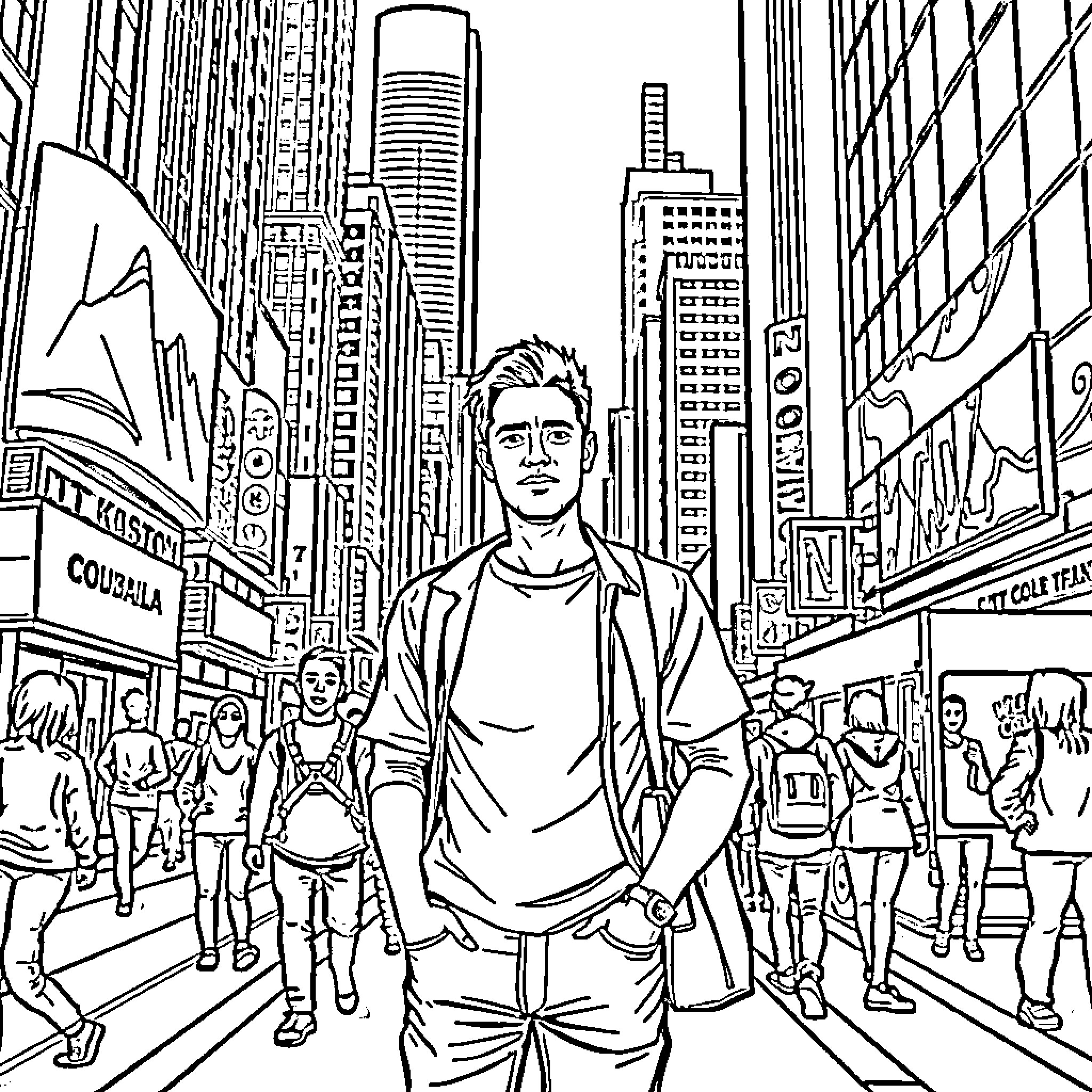 Adult walking through bustling city streets Coloring Page (free black-and-white line drawing printable PDF for all, from beginners to advanced learners, including children, teens, adults, and seniors)