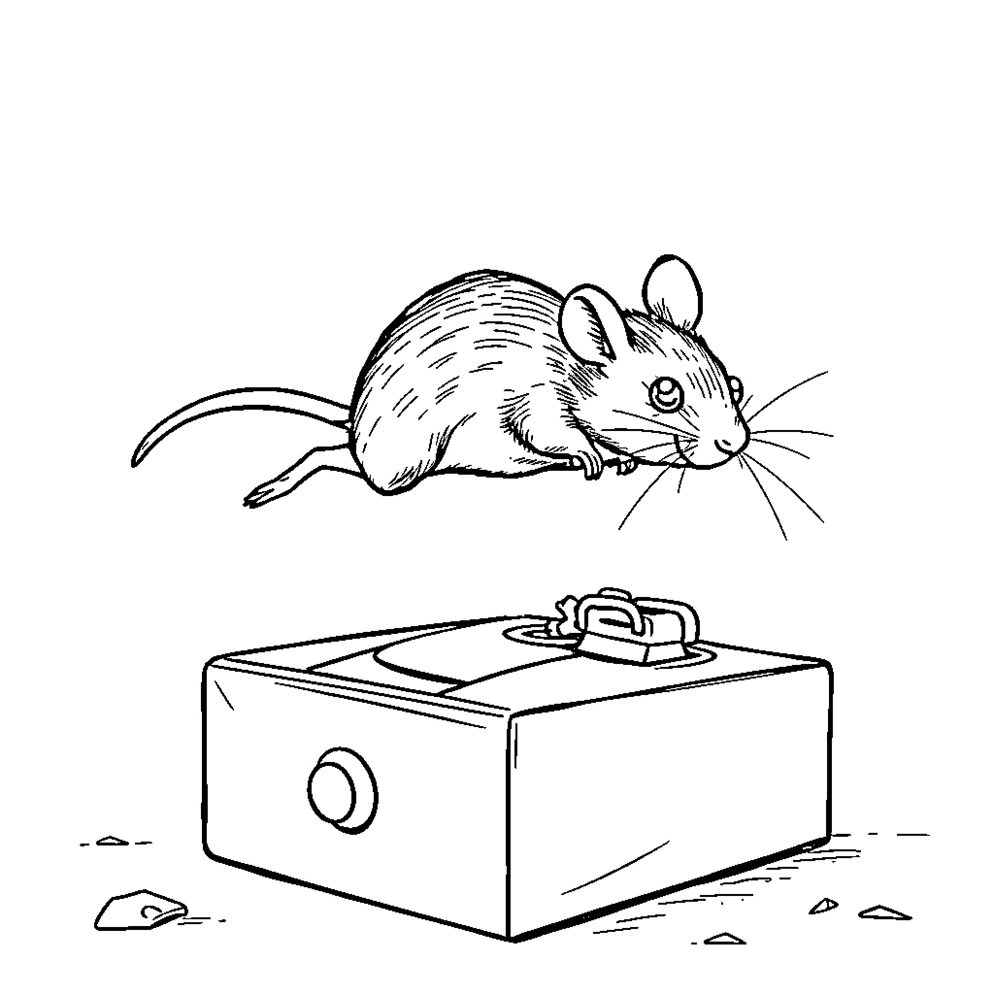 Mouse scurrying around a cardboard box Coloring Page (free black-and-white line drawing printable PDF for all, from beginners to advanced learners, including children, teens, adults, and seniors)