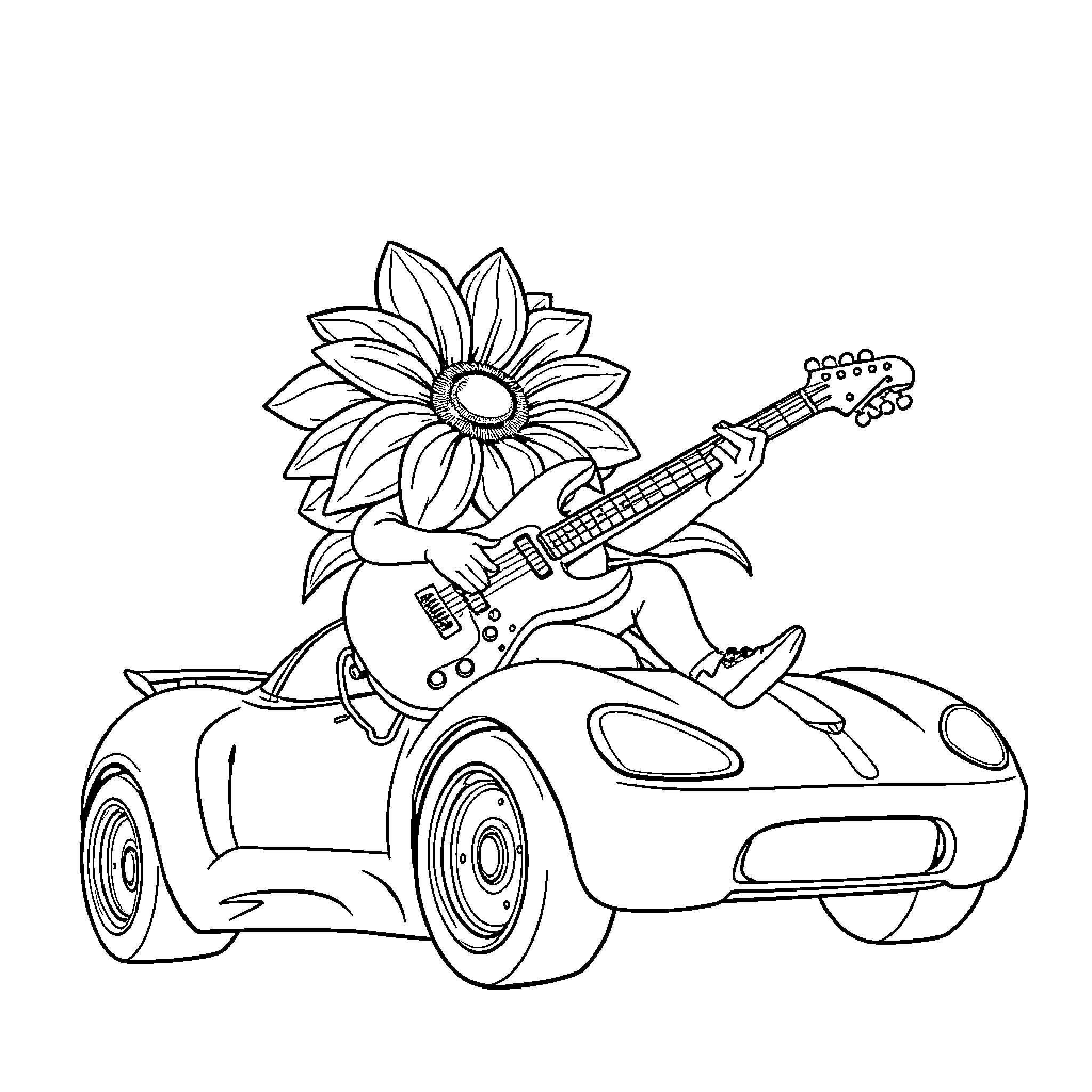 Flower playing guitar on a sports car Coloring Page (free black-and-white line drawing printable PDF for all, from beginners to advanced learners, including children, teens, adults, and seniors)