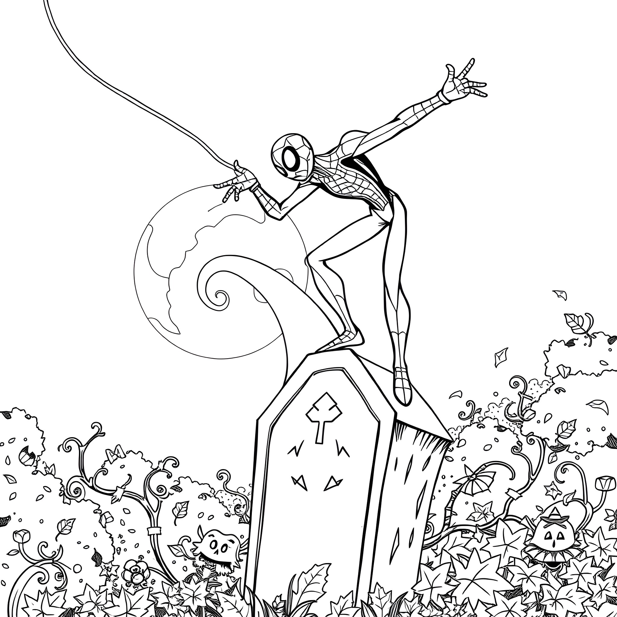 Spiderman swinging through a whimsical floral landscape Coloring Page (free black-and-white line drawing printable PDF for all, from beginners to advanced learners, including children, teens, adults, and seniors)