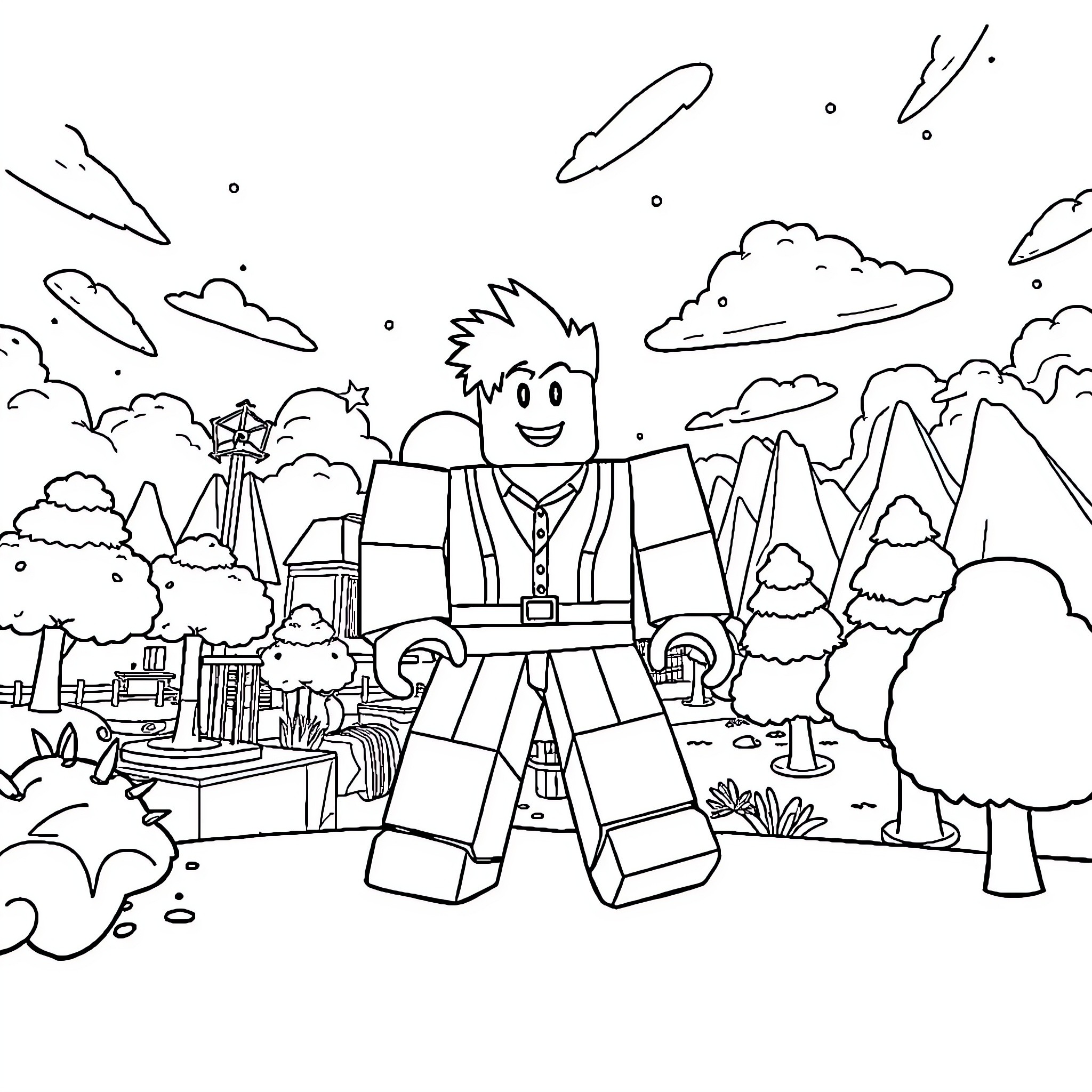 Roblox Character Exploring a Fantastical Landscape Coloring Page (free black-and-white line drawing printable PDF for all, from beginners to advanced learners, including children, teens, adults, and seniors)
