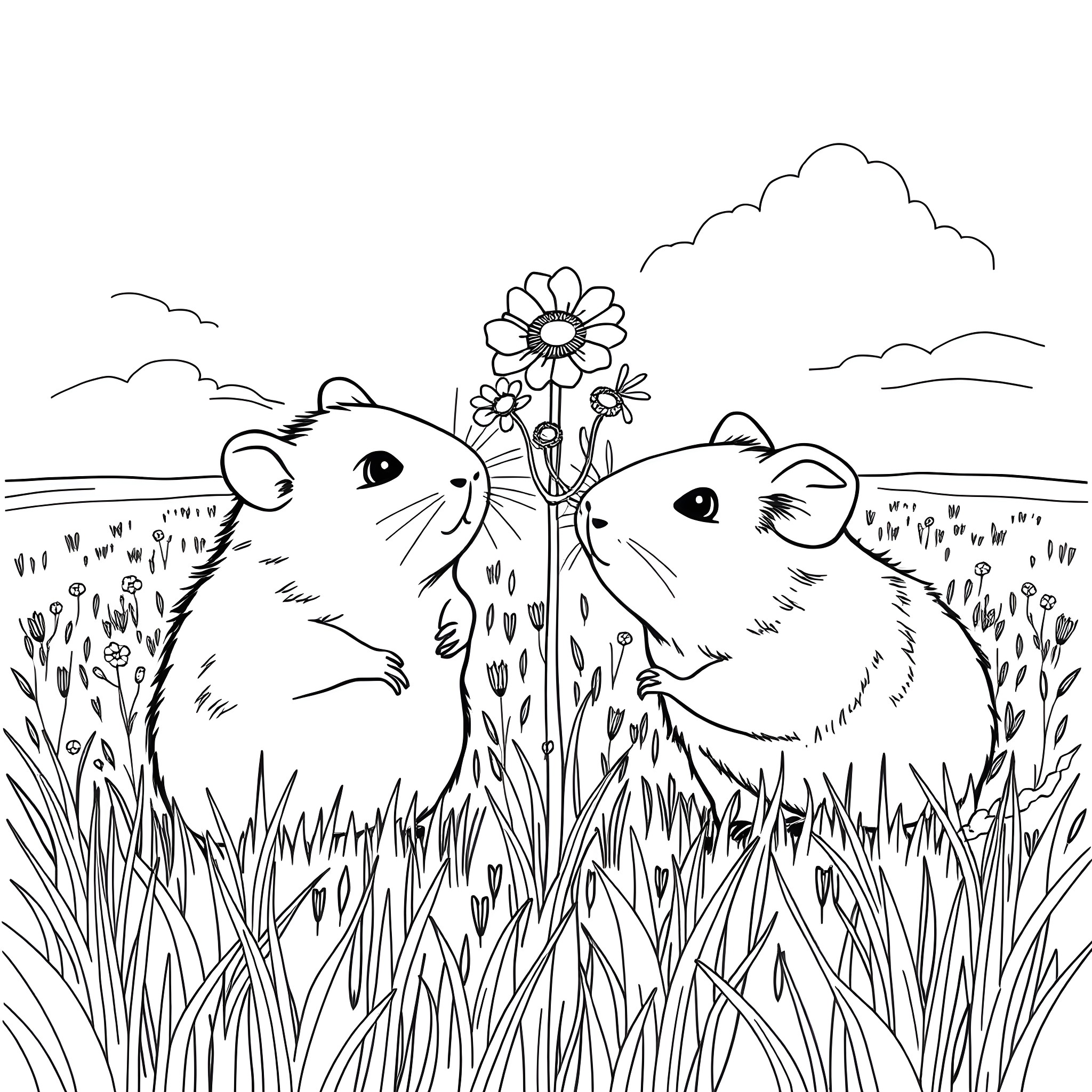 Hamsters enjoying a flower in the meadow Coloring Page (free black-and-white line drawing printable PDF for all, from beginners to advanced learners, including children, teens, adults, and seniors)