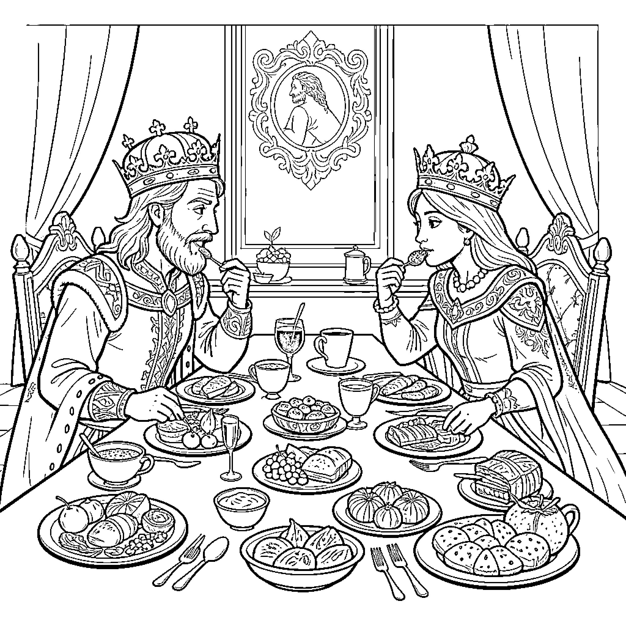 Roi et Reine enjoying a royal feast together Coloring Page (free black-and-white line drawing printable PDF for all, from beginners to advanced learners, including children, teens, adults, and seniors)