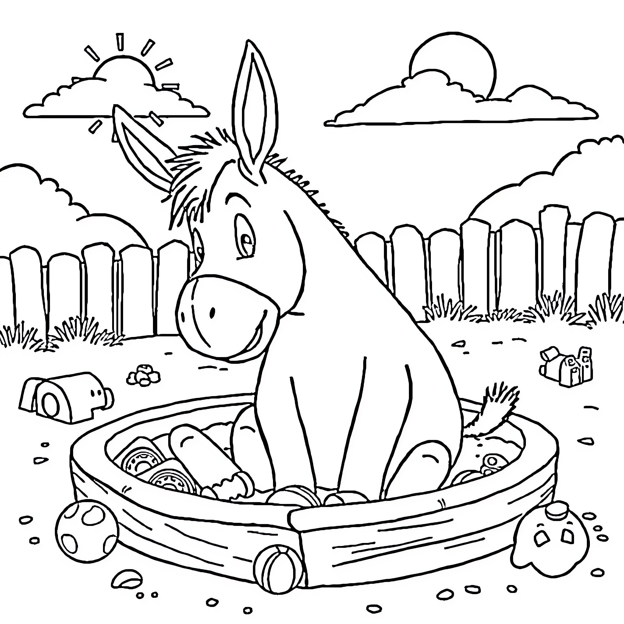 Eeyore relaxing in a wagon on a sunny day Coloring Page (free black-and-white line drawing printable PDF for all, from beginners to advanced learners, including children, teens, adults, and seniors)