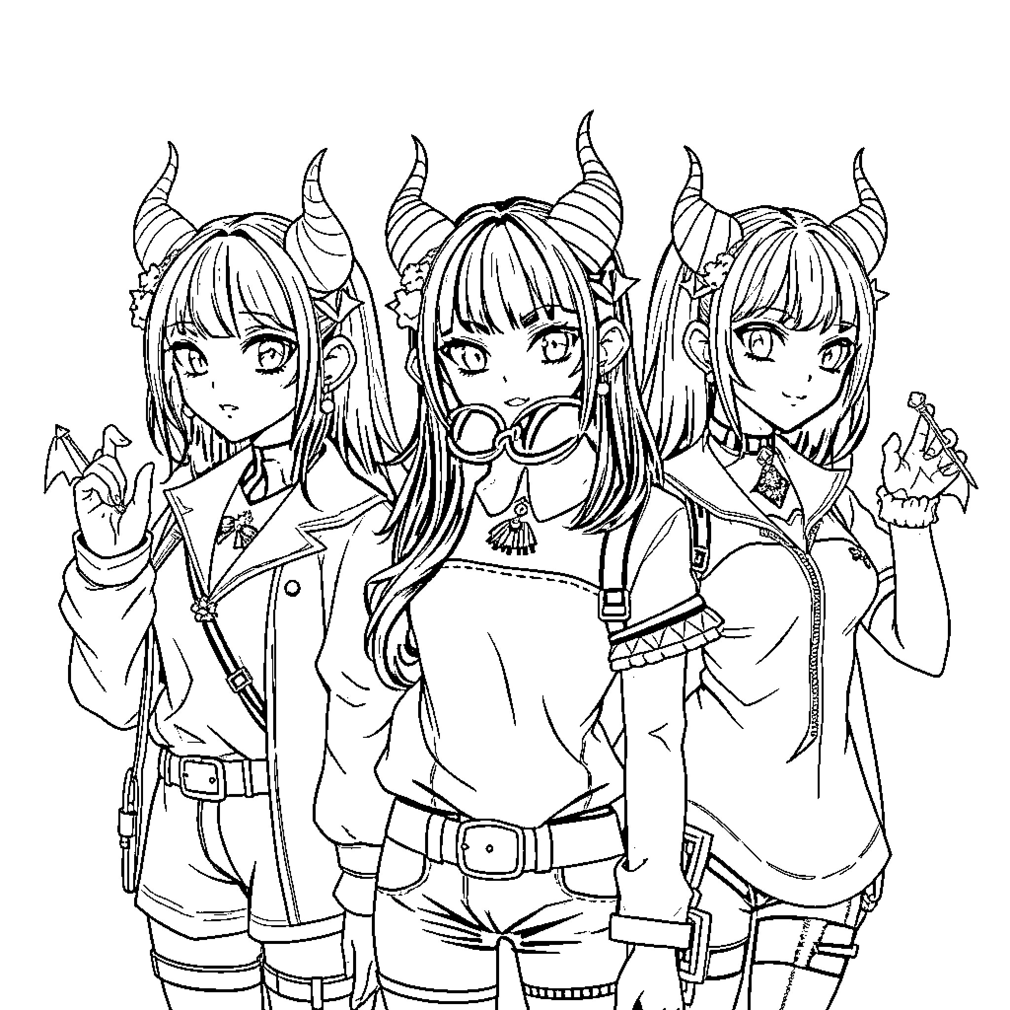 Demon Hunters Displaying Expressions and Outfits Coloring Page (free black-and-white line drawing printable PDF for all, from beginners to advanced learners, including children, teens, adults, and seniors)