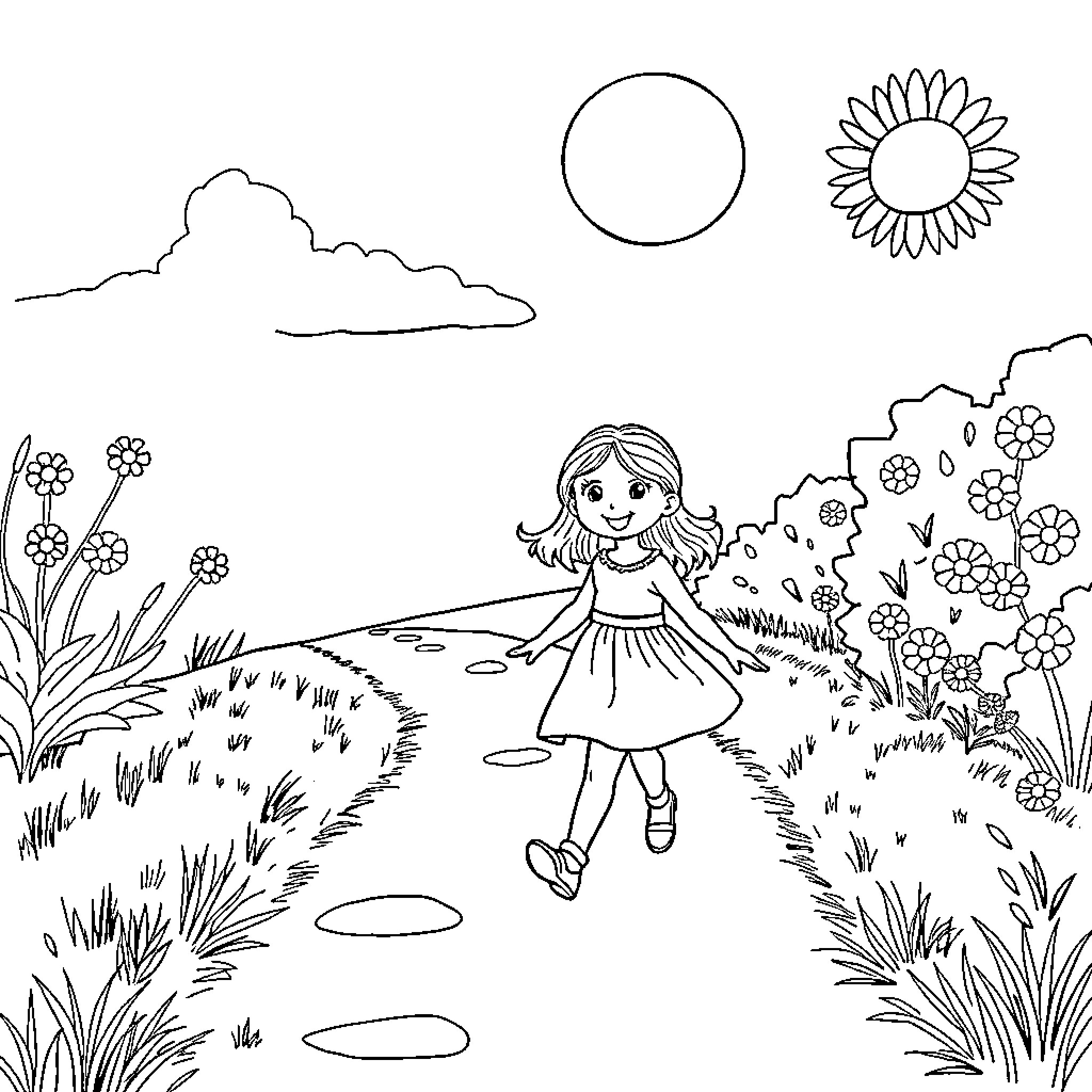 Girl walking along flower-filled path in nature Coloring Page (free black-and-white line drawing printable PDF for all, from beginners to advanced learners, including children, teens, adults, and seniors)