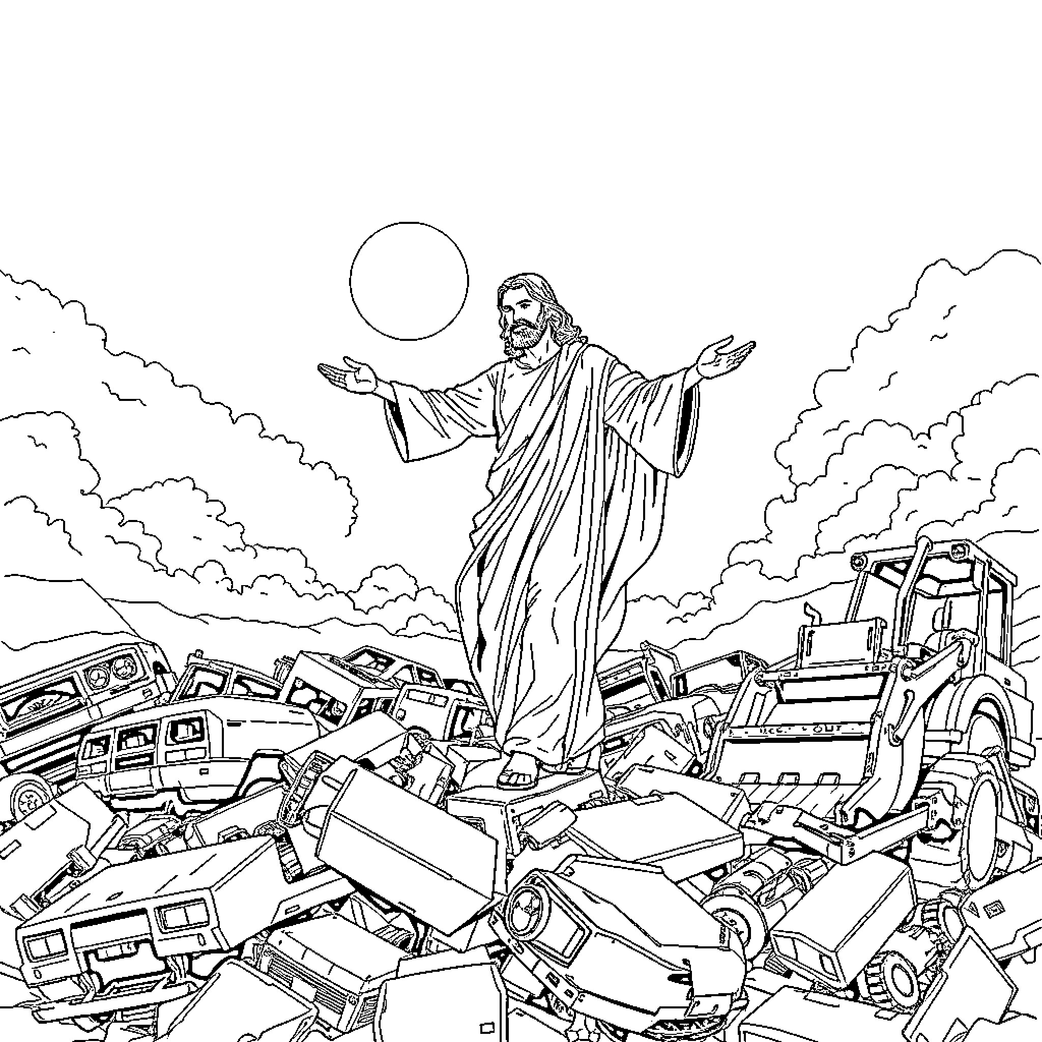 Jesus stands above a scene of destruction and chaos Coloring Page (free black-and-white line drawing printable PDF for all, from beginners to advanced learners, including children, teens, adults, and seniors)