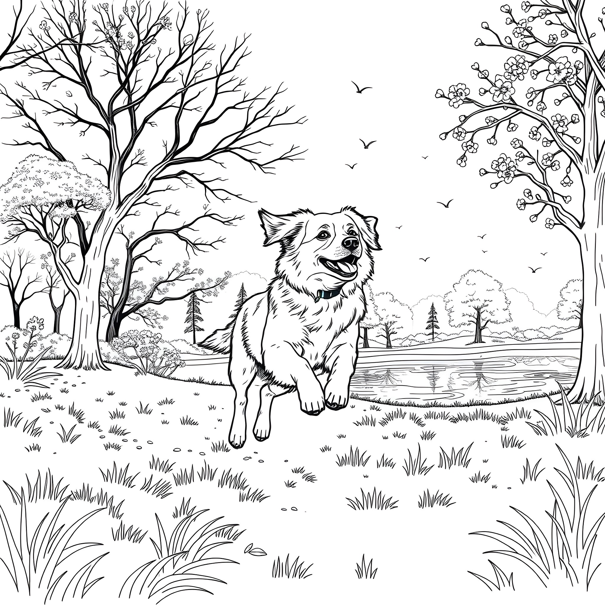 Duck Retriever - Dog happily fetching in the autumn landscape Coloring Page (free black-and-white line drawing printable PDF for all, from beginners to advanced learners, including children, teens, adults, and seniors)