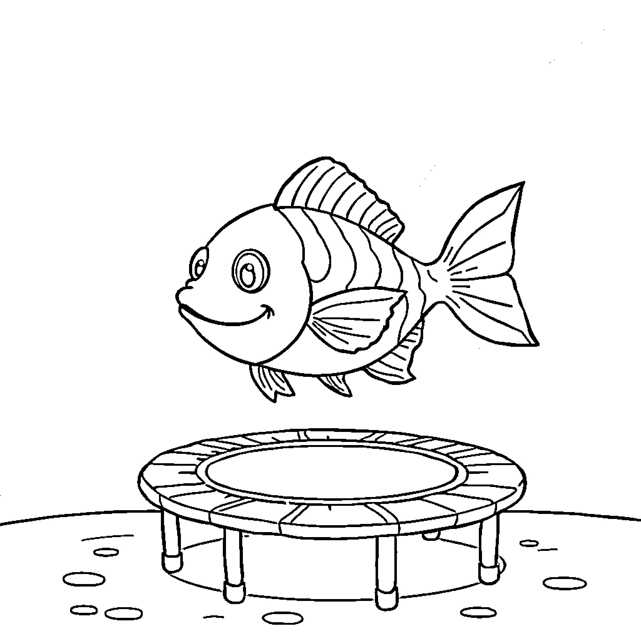 Fish jumping on trampoline Coloring Page (free black-and-white line drawing printable PDF for all, from beginners to advanced learners, including children, teens, adults, and seniors)