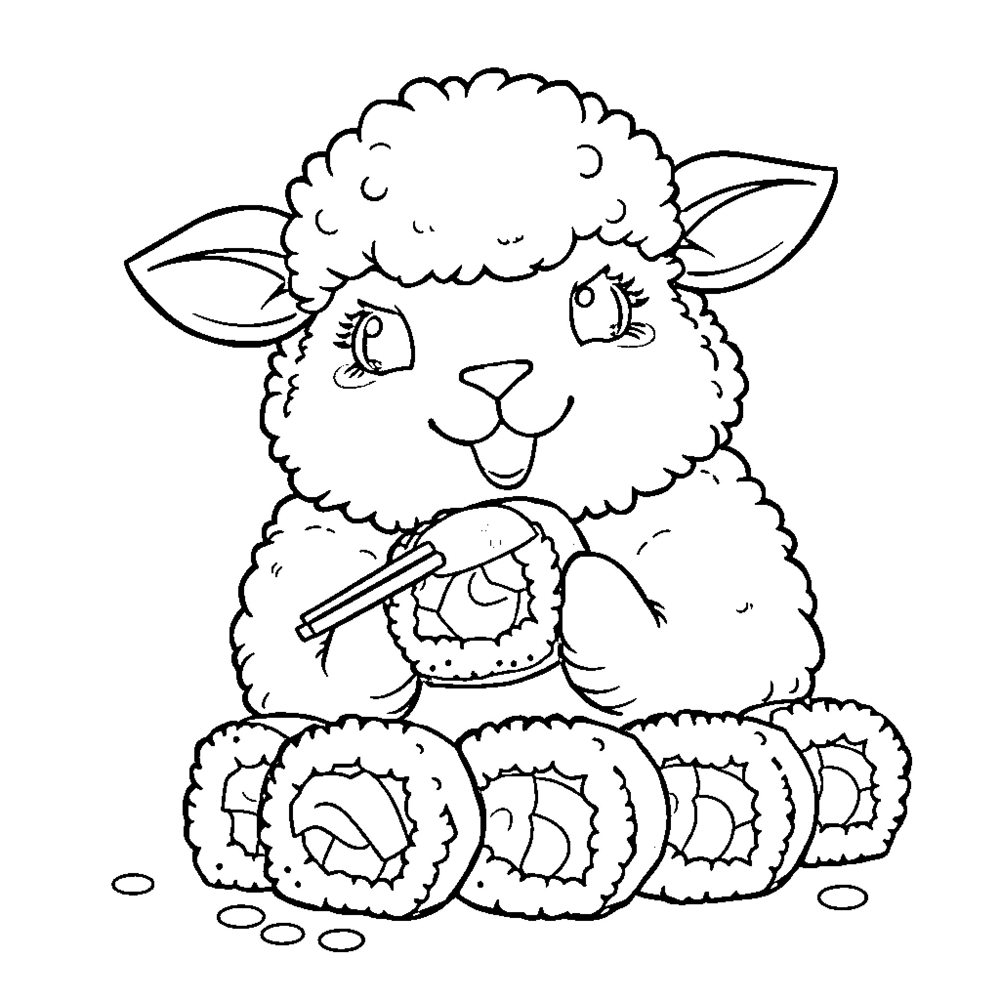 Sheep enjoying a tasty sushi treat Coloring Page (free black-and-white line drawing printable PDF for all, from beginners to advanced learners, including children, teens, adults, and seniors)