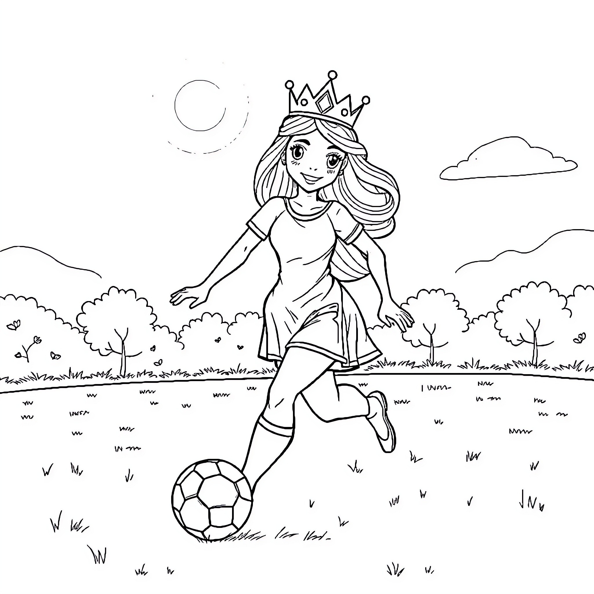 Princess Playing Soccer in the Park Coloring Page (free black-and-white line drawing printable PDF for all, from beginners to advanced learners, including children, teens, adults, and seniors)