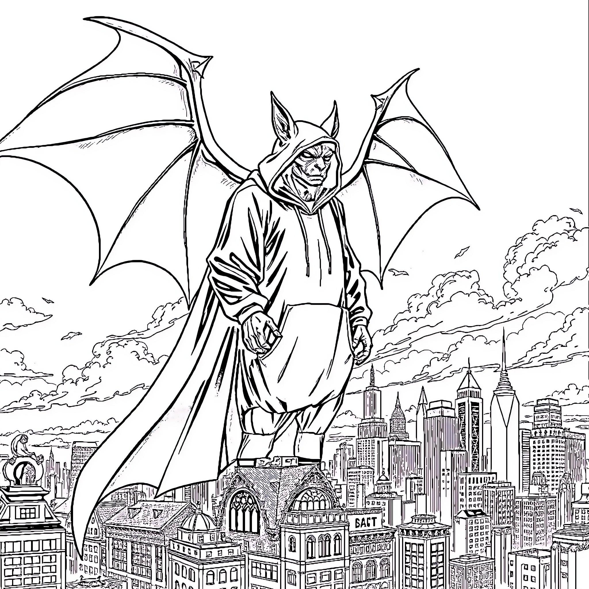 Bat Creature Soaring over the City Coloring Page (free black-and-white line drawing printable PDF for all, from beginners to advanced learners, including children, teens, adults, and seniors)