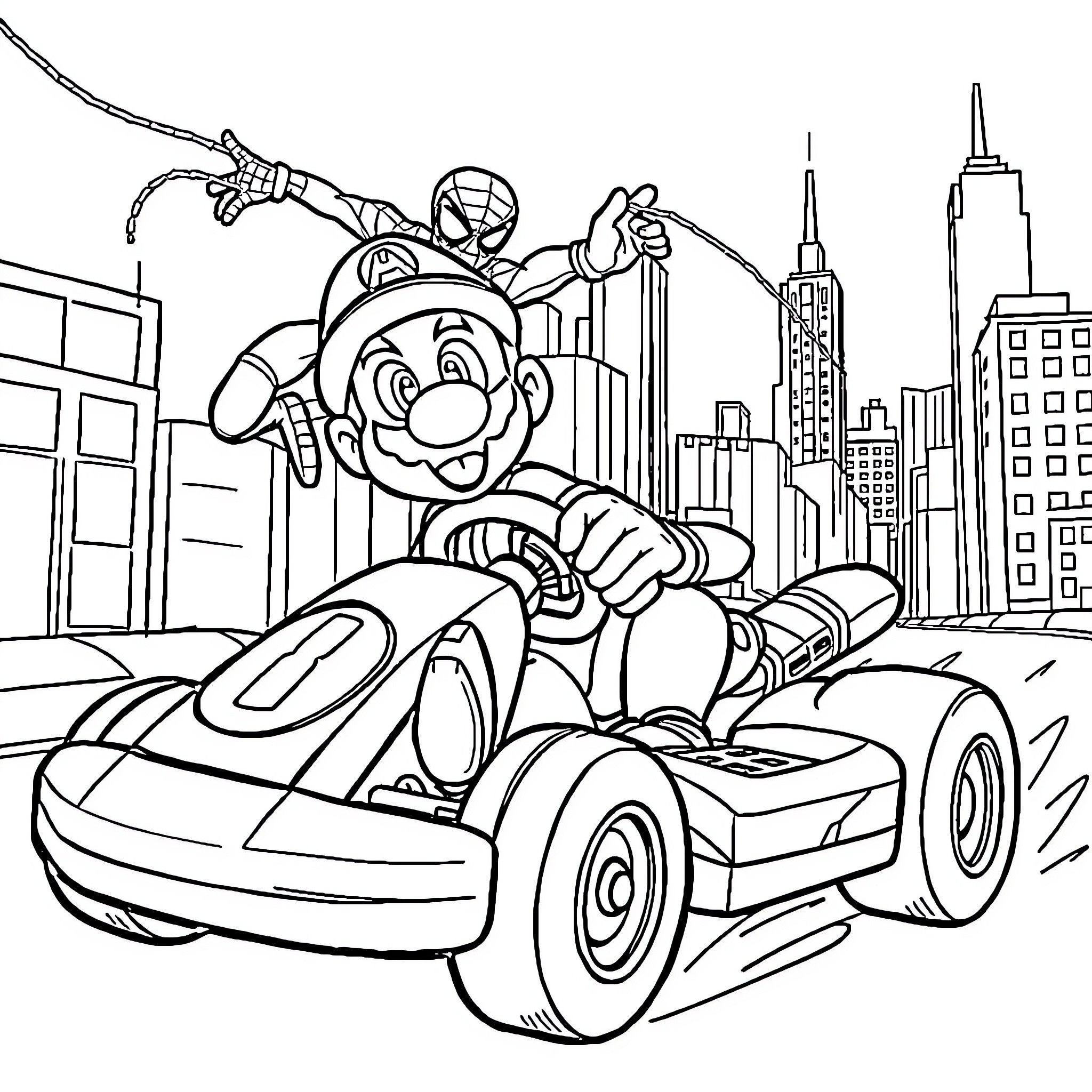 Mario's Thrilling City Race in Spidey's Suit Coloring Page (free black-and-white line drawing printable PDF for all, from beginners to advanced learners, including children, teens, adults, and seniors)