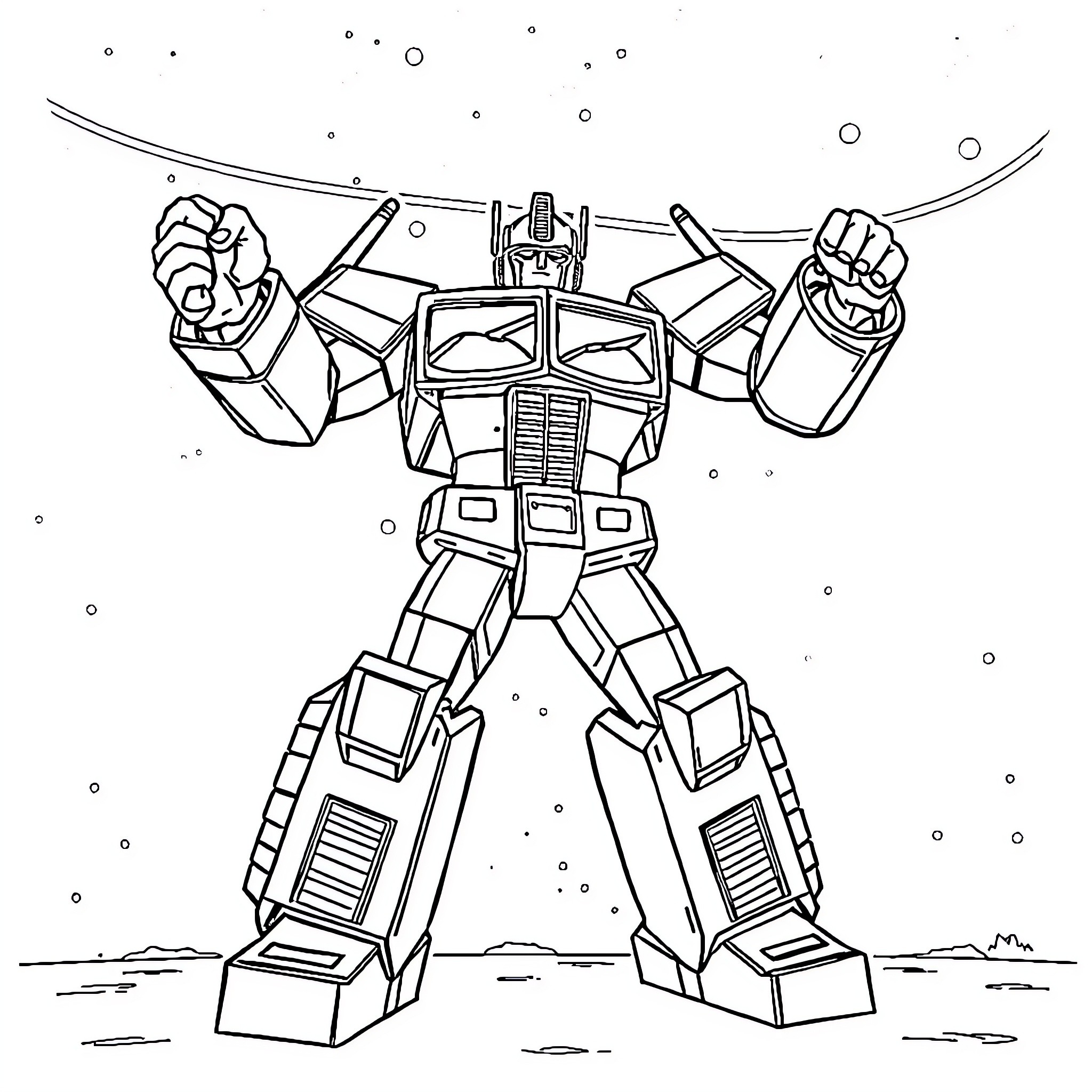 Optimus Prime in heroic pose, ready for action Coloring Page (free black-and-white line drawing printable PDF for all, from beginners to advanced learners, including children, teens, adults, and seniors)