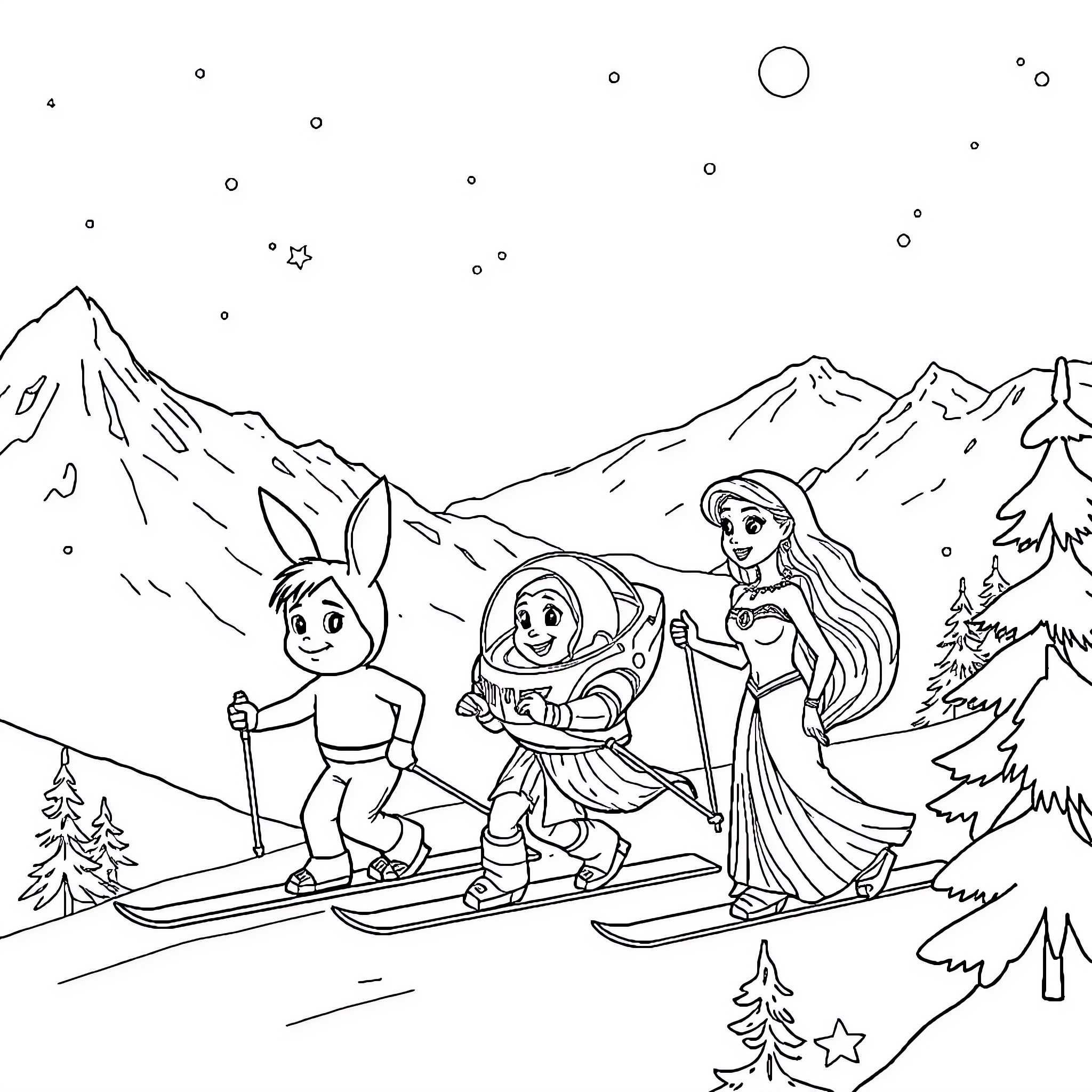 Cinderella and friends skiing in the snowy mountains Coloring Page (free black-and-white line drawing printable PDF for all, from beginners to advanced learners, including children, teens, adults, and seniors)