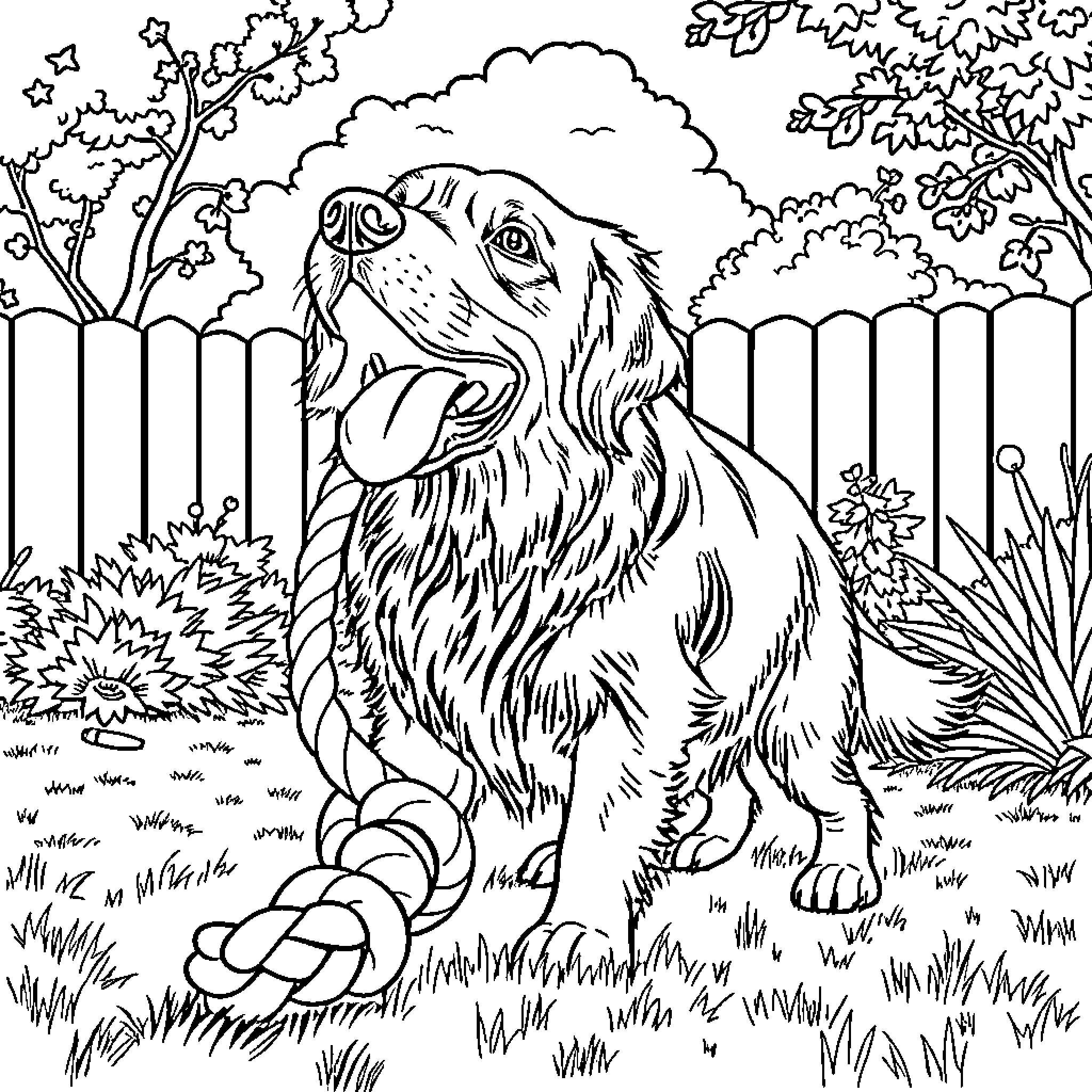 Golden Retriever playing joyfully in the backyard Coloring Page (free black-and-white line drawing printable PDF for all, from beginners to advanced learners, including children, teens, adults, and seniors)