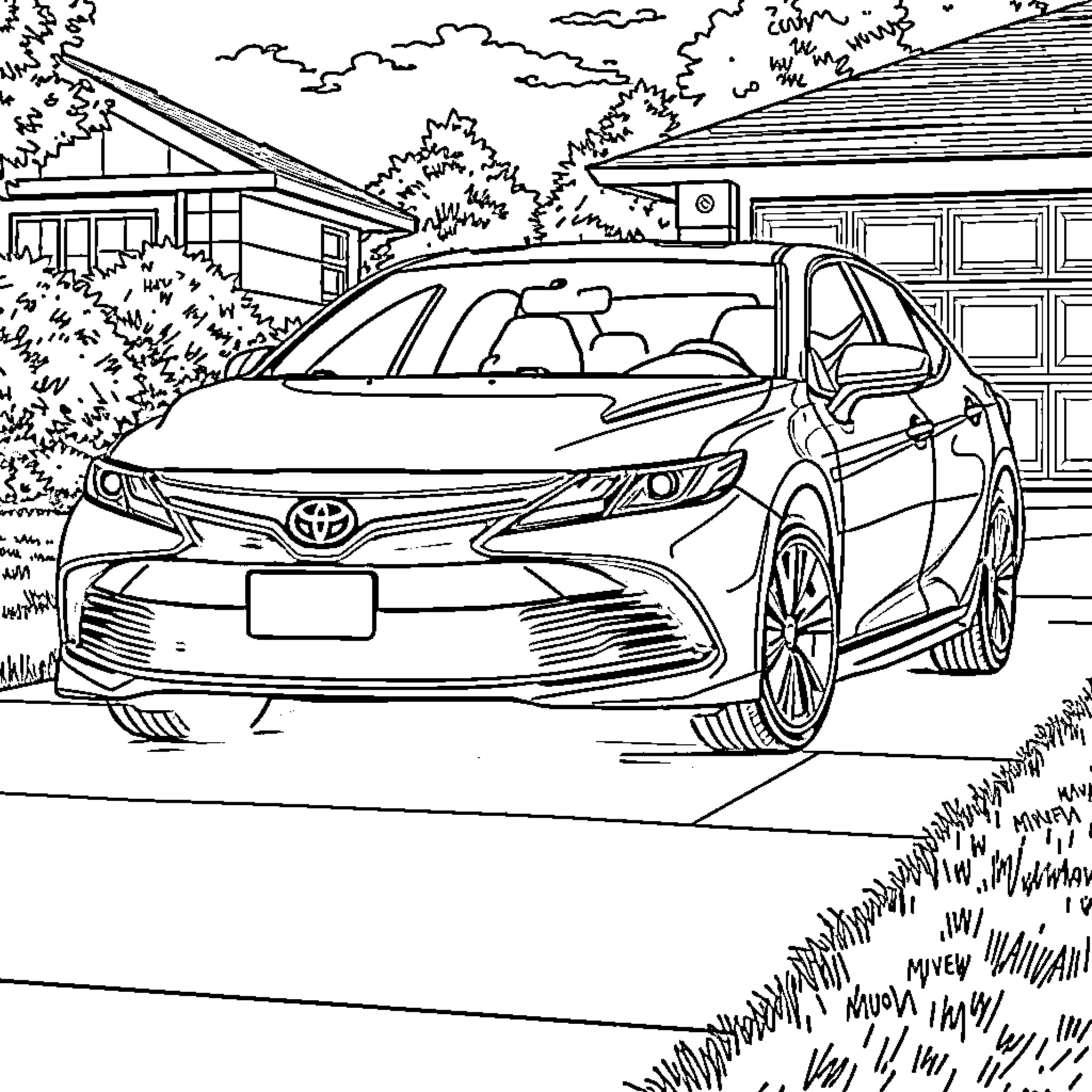 Toyota Camry parked in front of a house Coloring Page (free black-and-white line drawing printable PDF for all, from beginners to advanced learners, including children, teens, adults, and seniors)