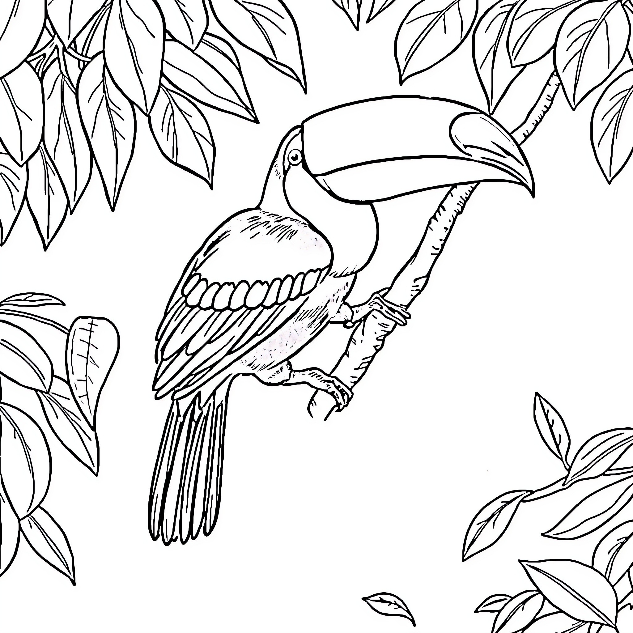 Toucan perched among tropical foliage Coloring Page (free black-and-white line drawing printable PDF for all, from beginners to advanced learners, including children, teens, adults, and seniors)