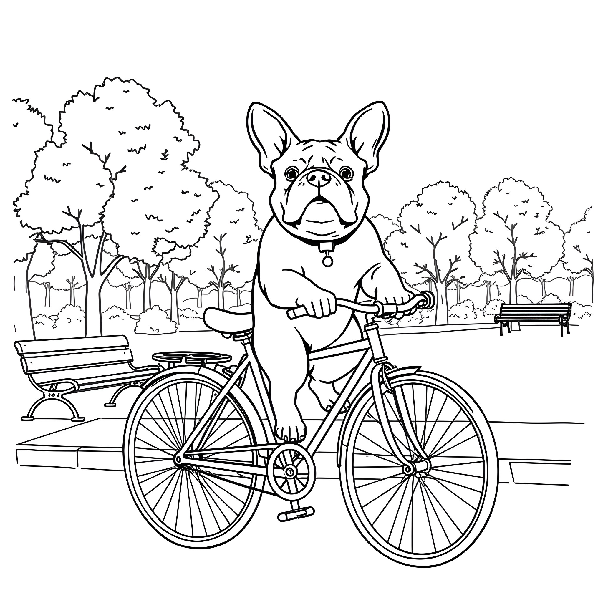 Bulldog riding a bicycle in the park Coloring Page (free black-and-white line drawing printable PDF for all, from beginners to advanced learners, including children, teens, adults, and seniors)