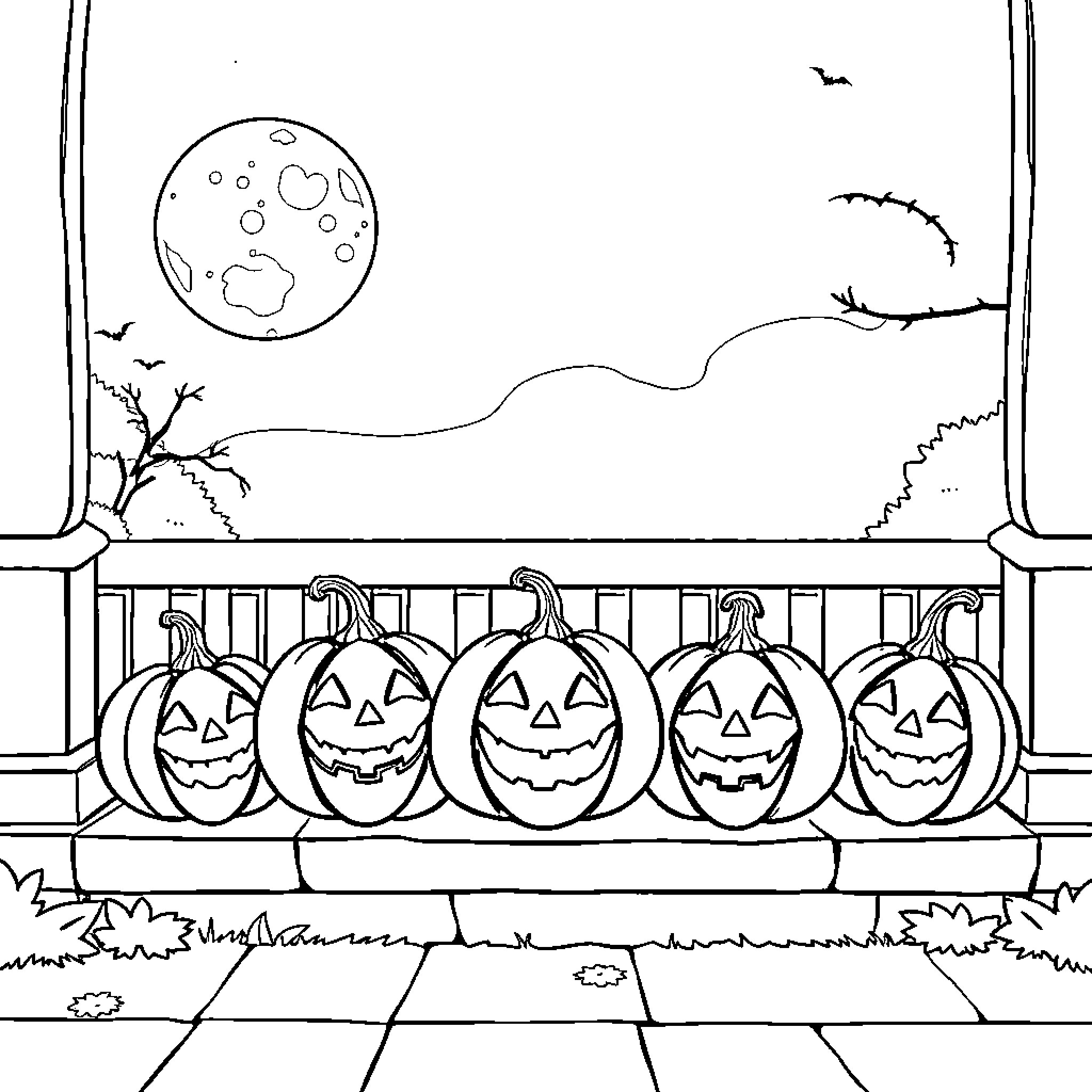 Pumpkins lined up on a wooden bench under the moonlight Coloring Page (free black-and-white line drawing printable PDF for all, from beginners to advanced learners, including children, teens, adults, and seniors)