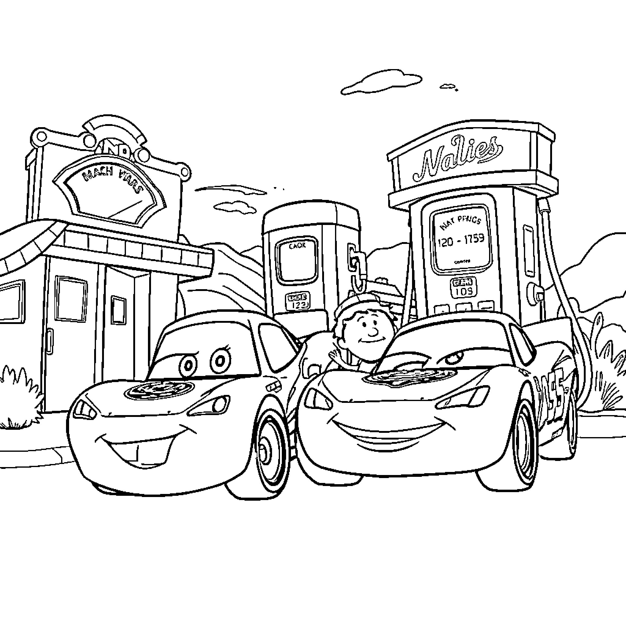Flash McQueen's adventures at the car station Coloring Page (free black-and-white line drawing printable PDF for all, from beginners to advanced learners, including children, teens, adults, and seniors)