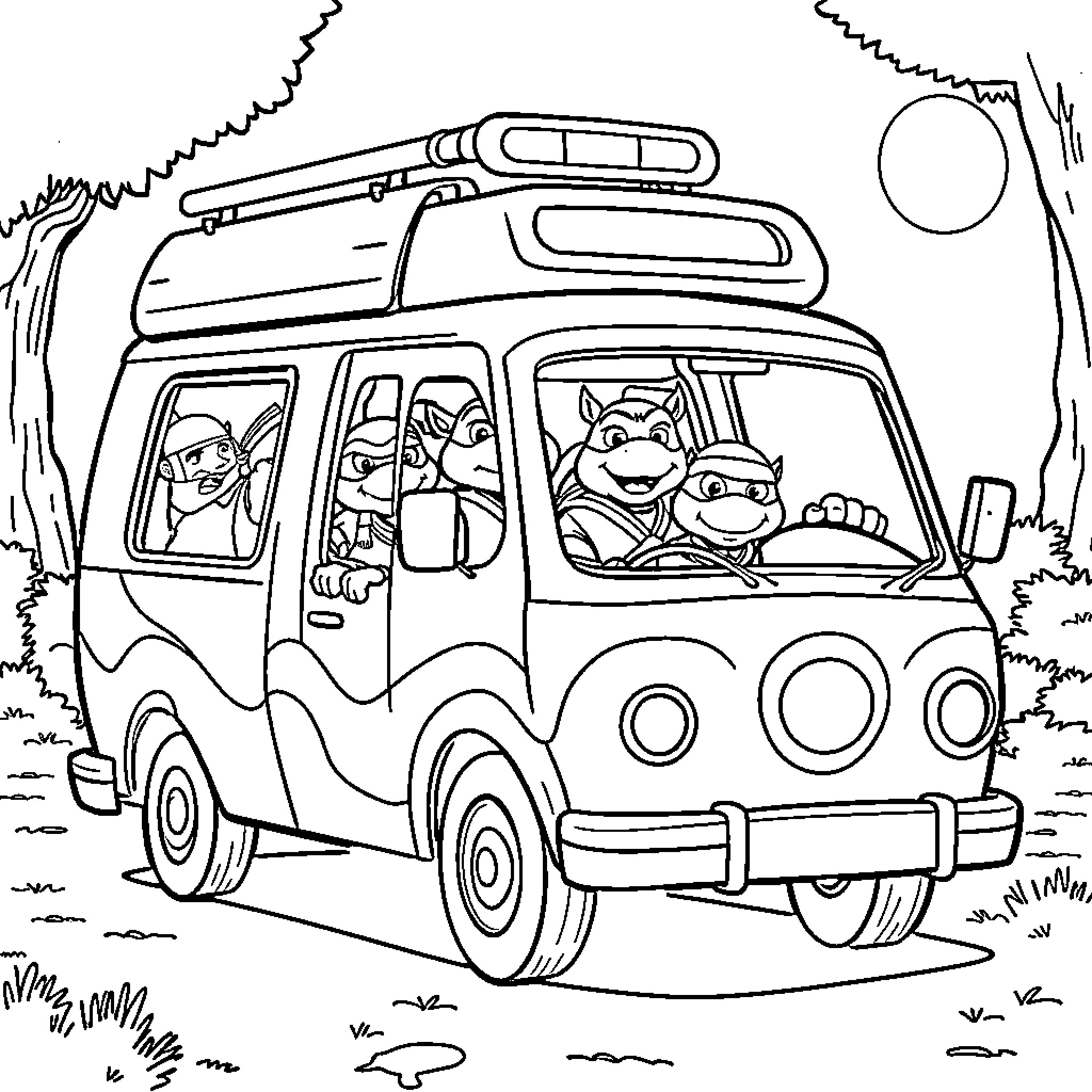 Ninja Turtle Adventurers in a Quirky Van Coloring Page (free black-and-white line drawing printable PDF for all, from beginners to advanced learners, including children, teens, adults, and seniors)