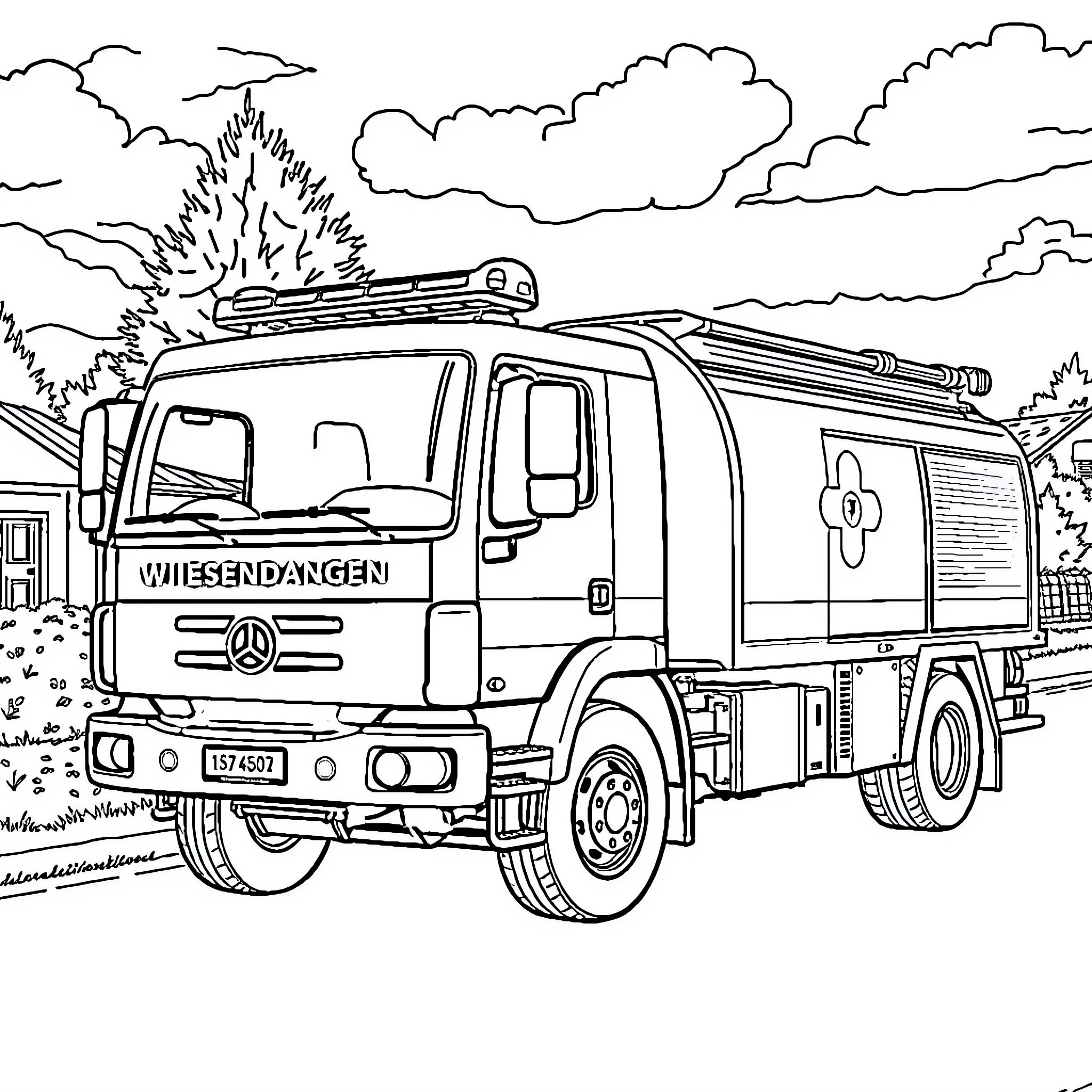 Fire Truck responding to emergency scene Coloring Page (free black-and-white line drawing printable PDF for all, from beginners to advanced learners, including children, teens, adults, and seniors)