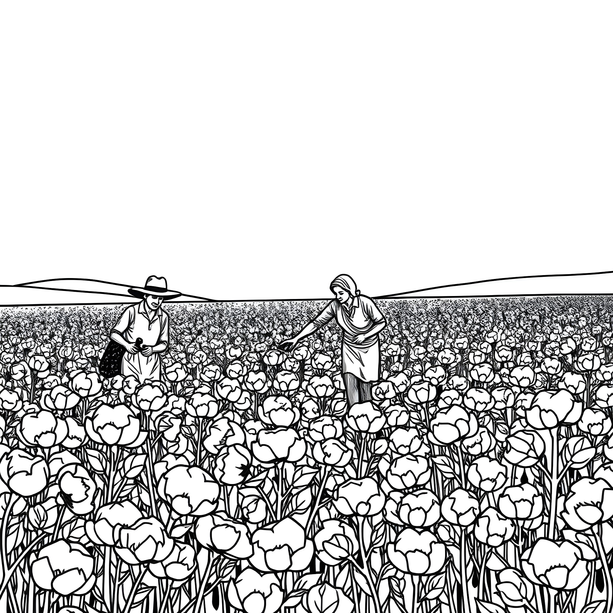 Person picking flowers in the field Coloring Page (free black-and-white line drawing printable PDF for all, from beginners to advanced learners, including children, teens, adults, and seniors)