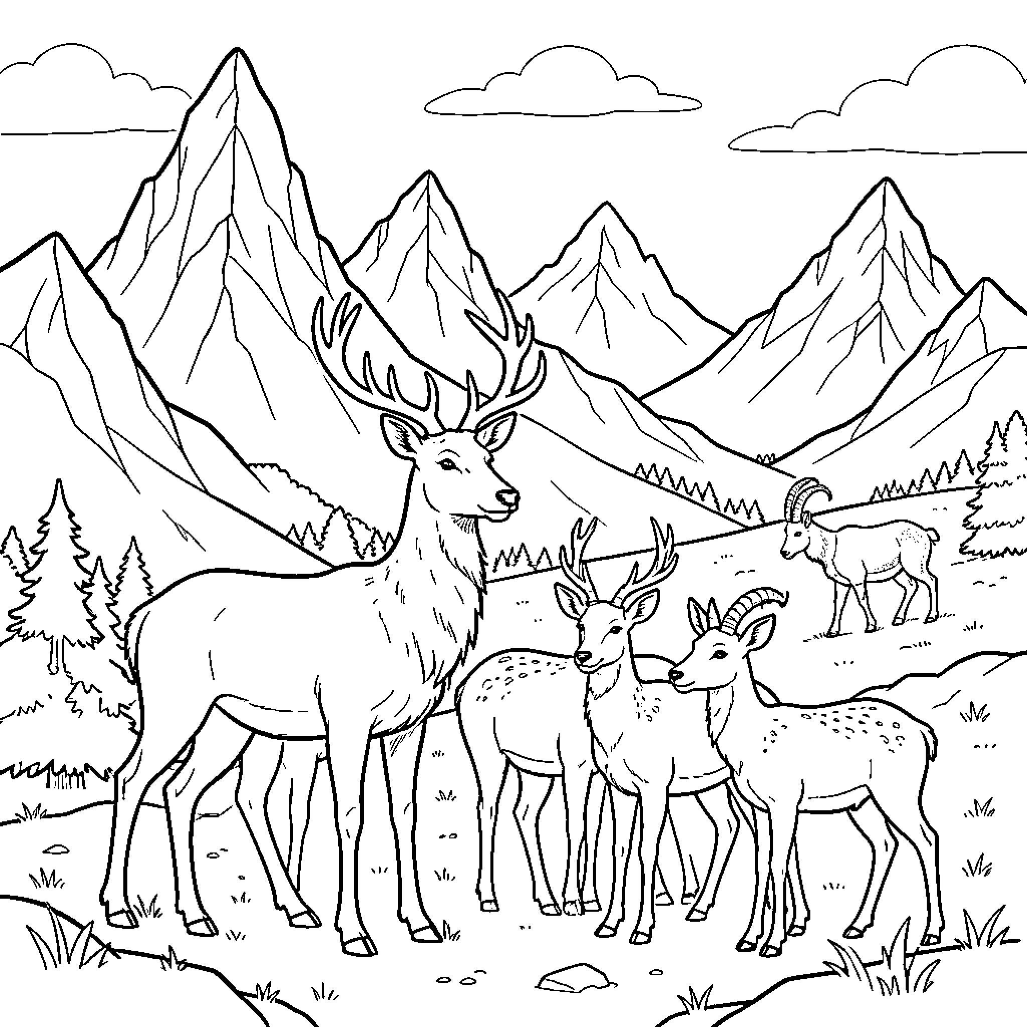 Deer standing together in a mountain landscape Coloring Page (free black-and-white line drawing printable PDF for all, from beginners to advanced learners, including children, teens, adults, and seniors)
