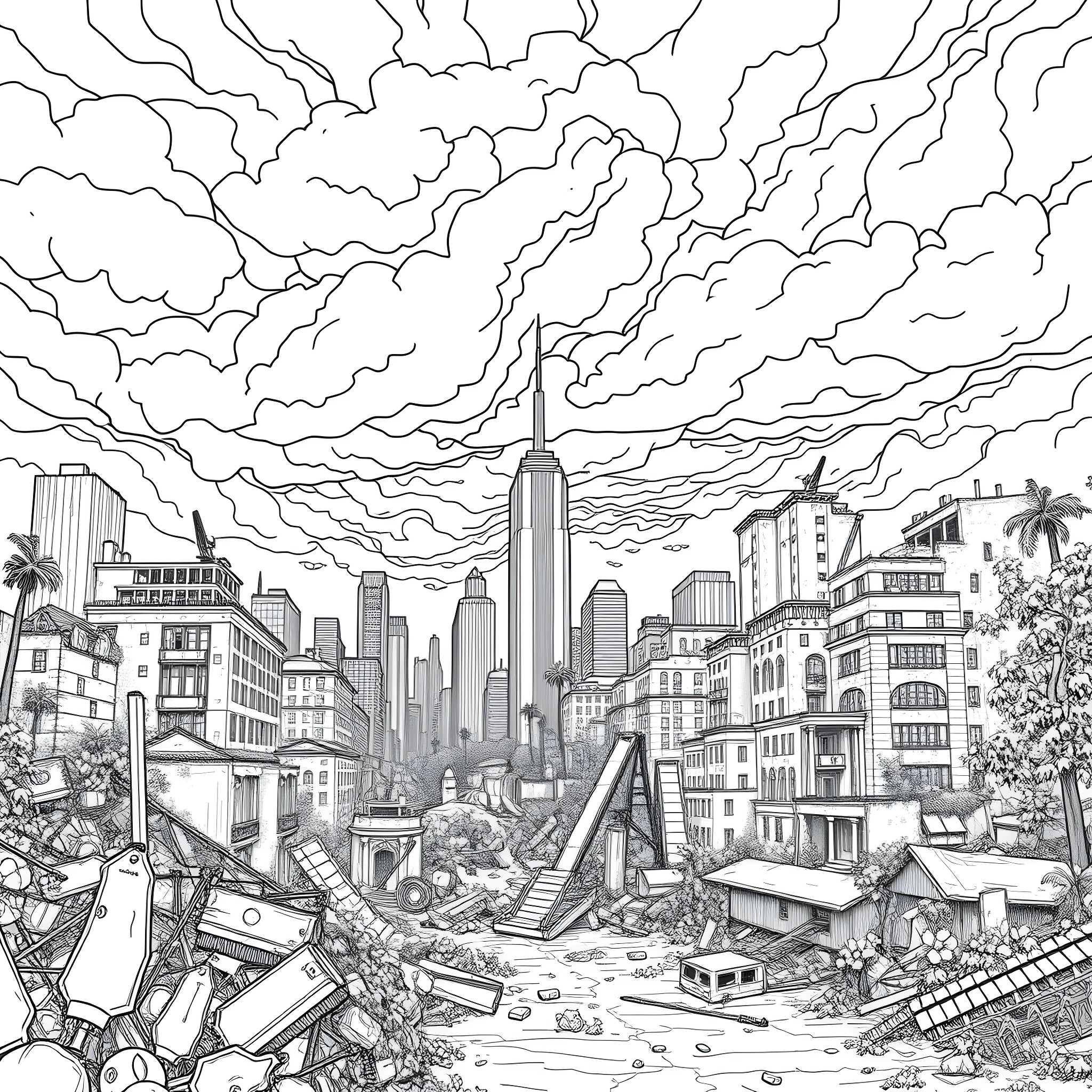 City Skyline with Destruction and Debris Coloring Page (free black-and-white line drawing printable PDF for all, from beginners to advanced learners, including children, teens, adults, and seniors)
