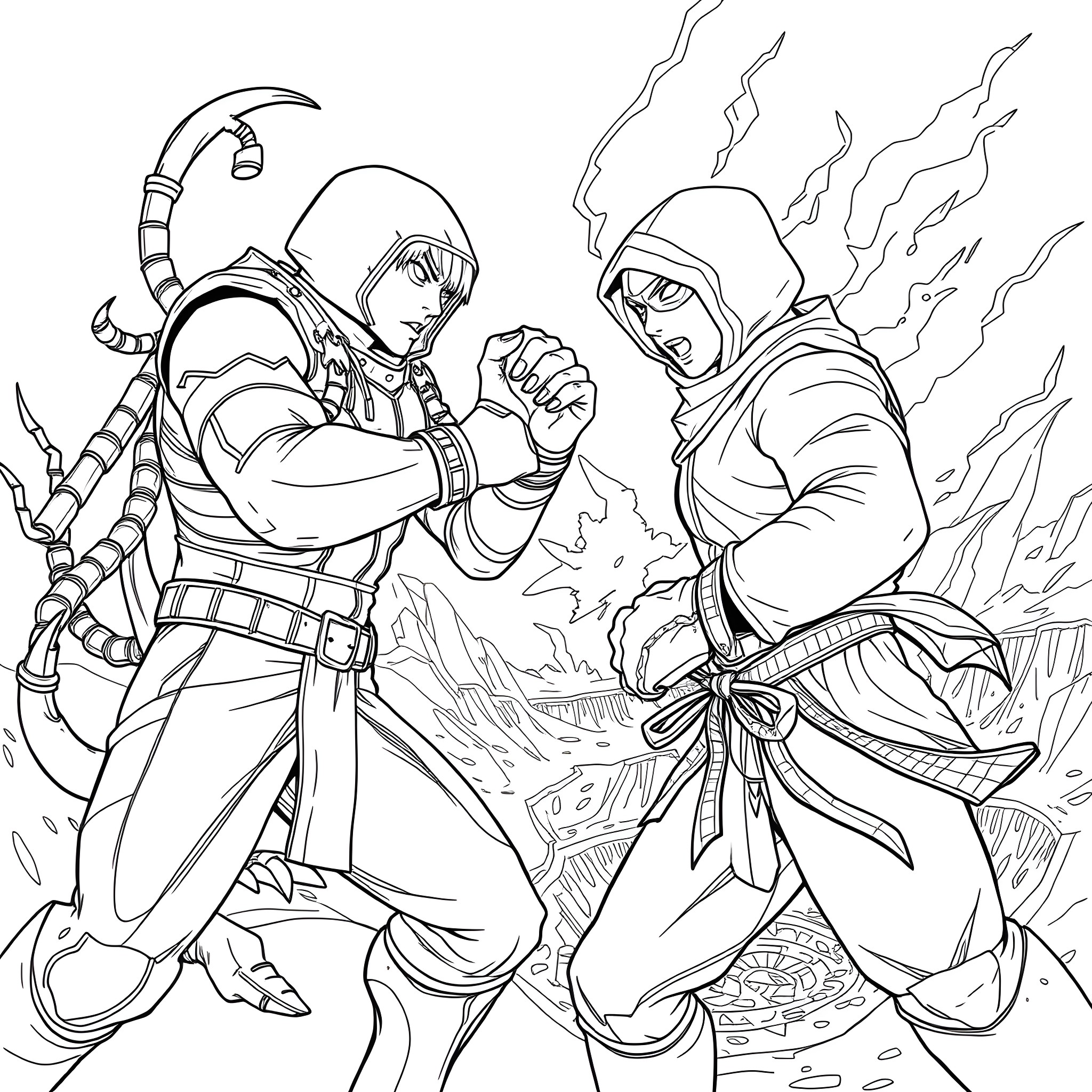 Scorpion warriors engaged in intense combat Coloring Page (free black-and-white line drawing printable PDF for all, from beginners to advanced learners, including children, teens, adults, and seniors)