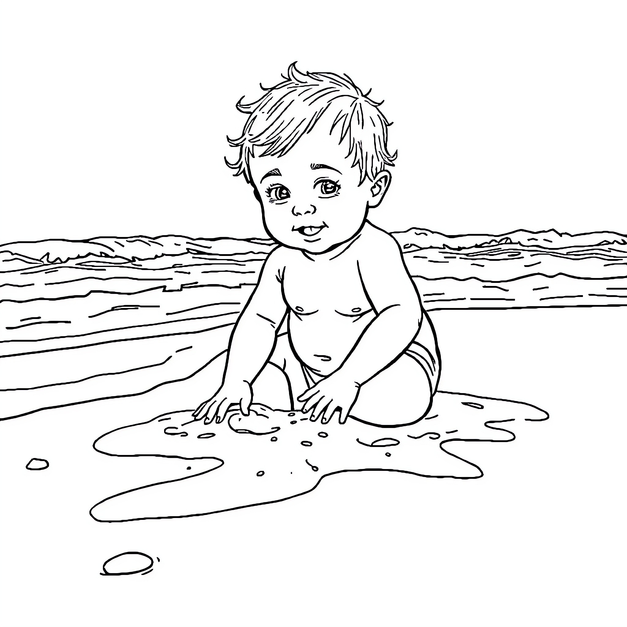 Baby playing happily on the beach Coloring Page (free black-and-white line drawing printable PDF for all, from beginners to advanced learners, including children, teens, adults, and seniors)