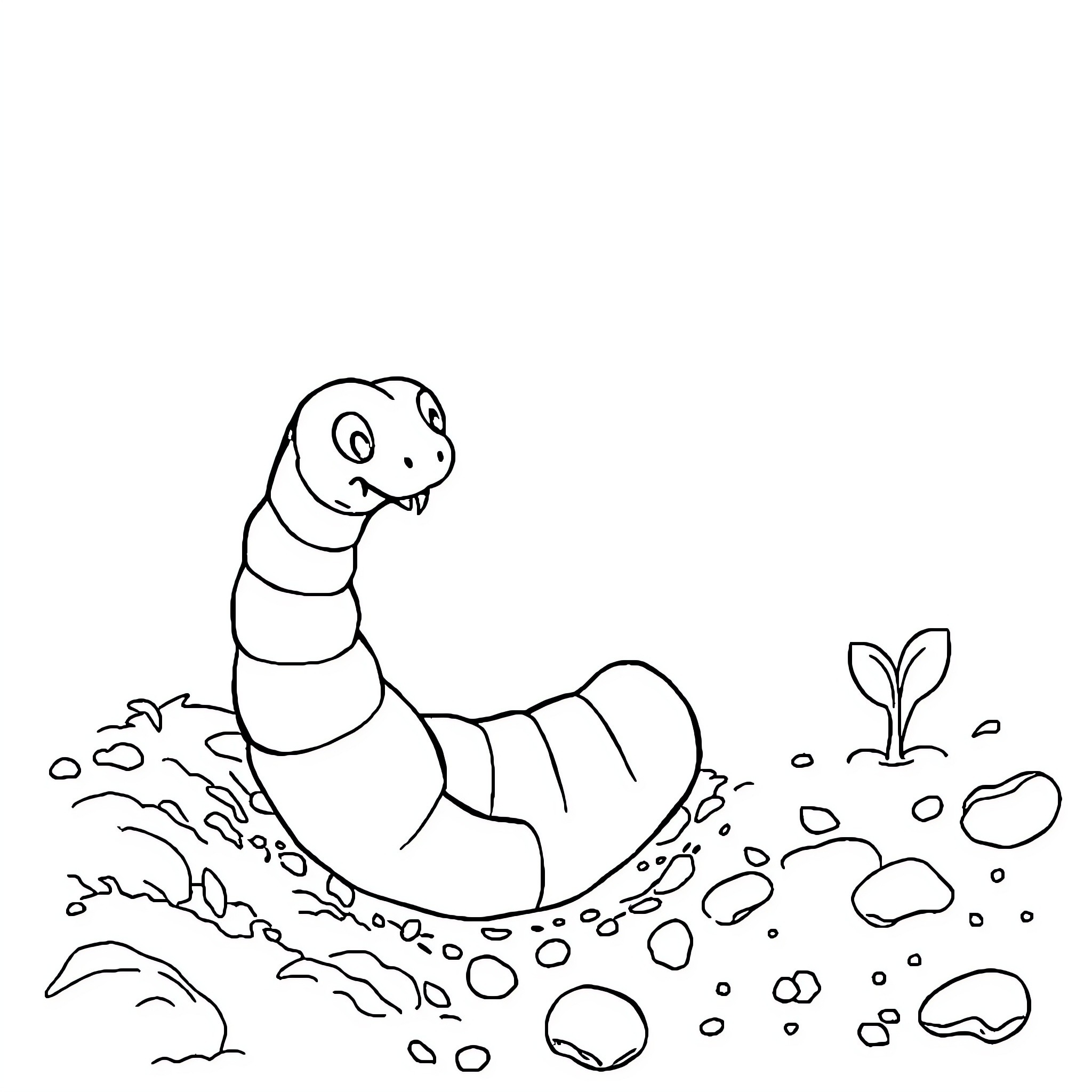 Earthworm exploring its underground habitat Coloring Page (free black-and-white line drawing printable PDF for all, from beginners to advanced learners, including children, teens, adults, and seniors)