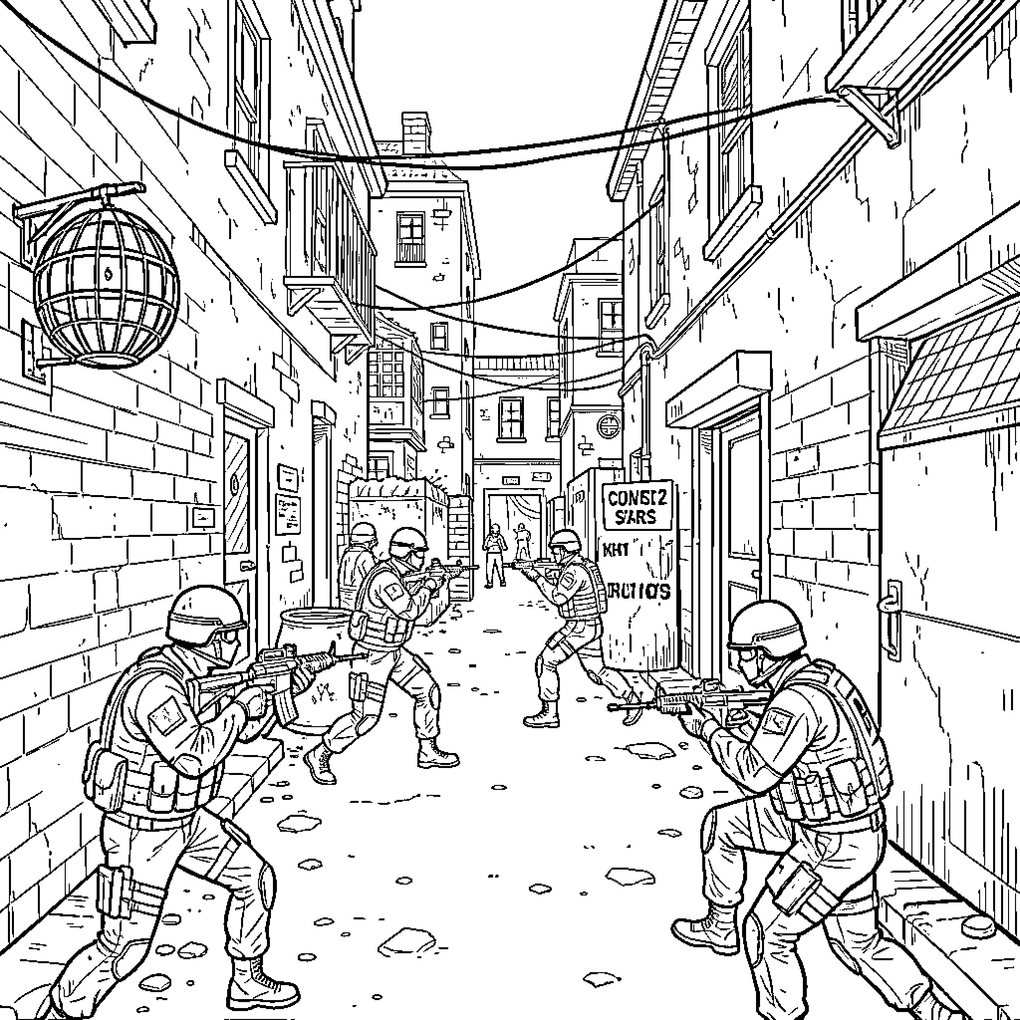 Counter Strike: Tactical Assault in Urban Alley Coloring Page (free black-and-white line drawing printable PDF for all, from beginners to advanced learners, including children, teens, adults, and seniors)