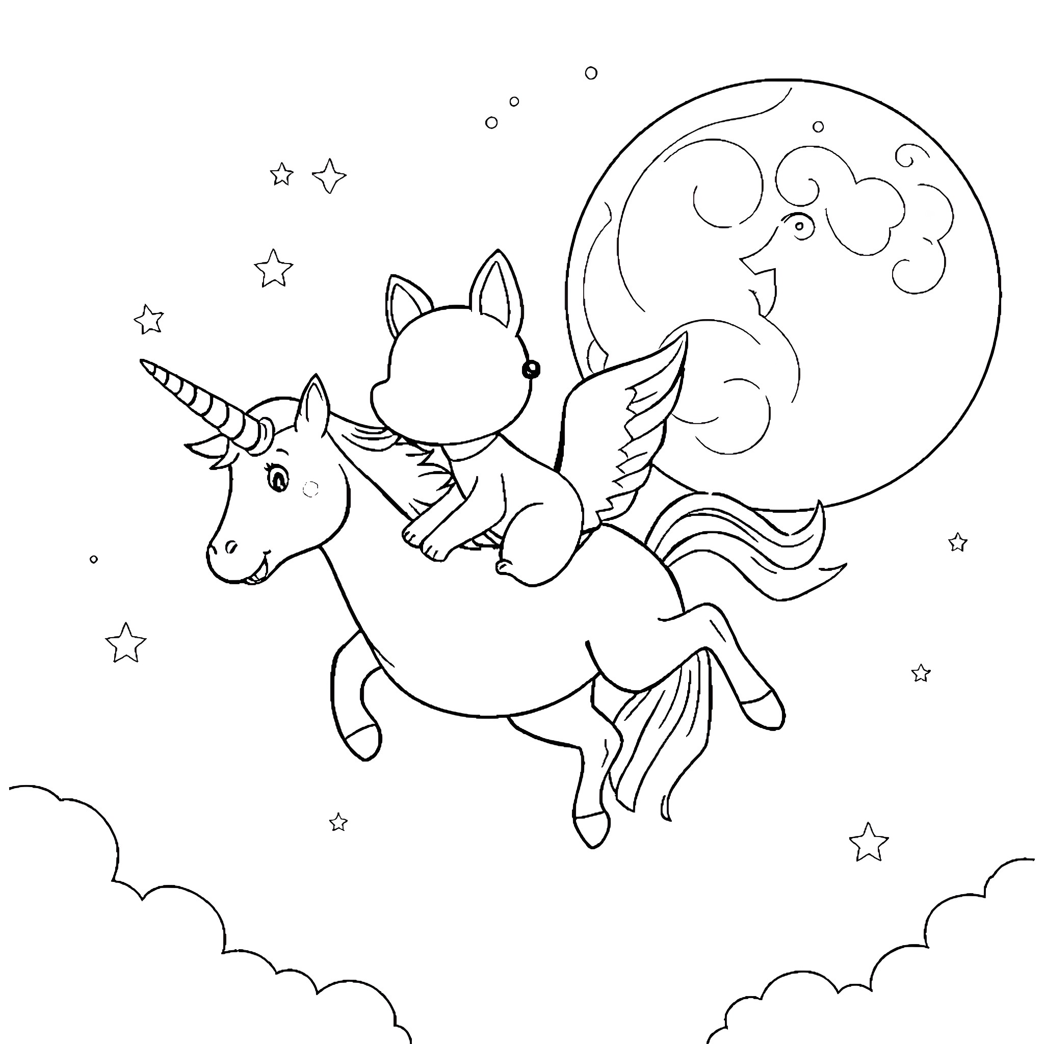 Bluey's Magical Unicorn Ride Under the Starry Night Coloring Page (free black-and-white line drawing printable PDF for all, from beginners to advanced learners, including children, teens, adults, and seniors)