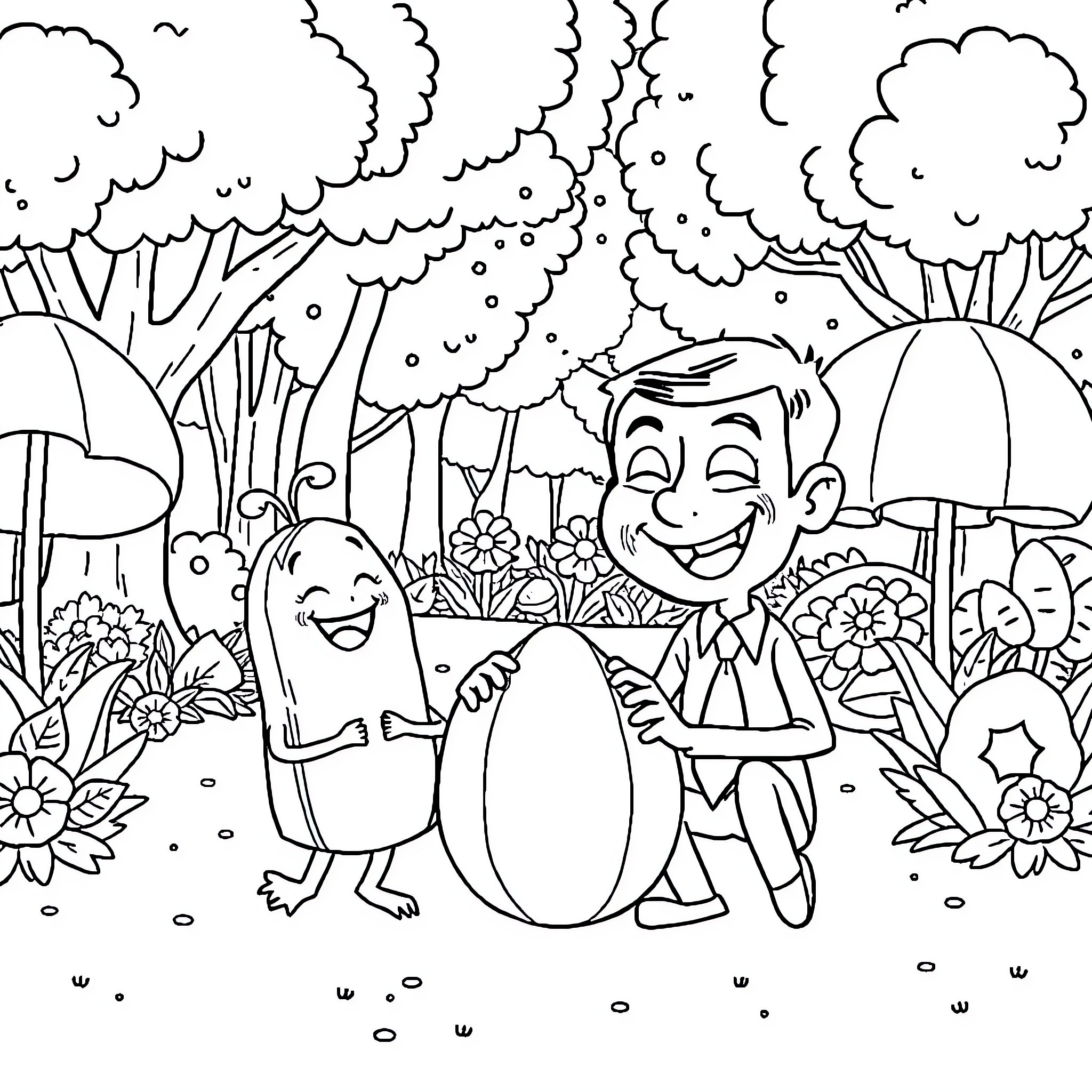 Cocomelon Friends Exploring Colorful Nature Coloring Page (free black-and-white line drawing printable PDF for all, from beginners to advanced learners, including children, teens, adults, and seniors)