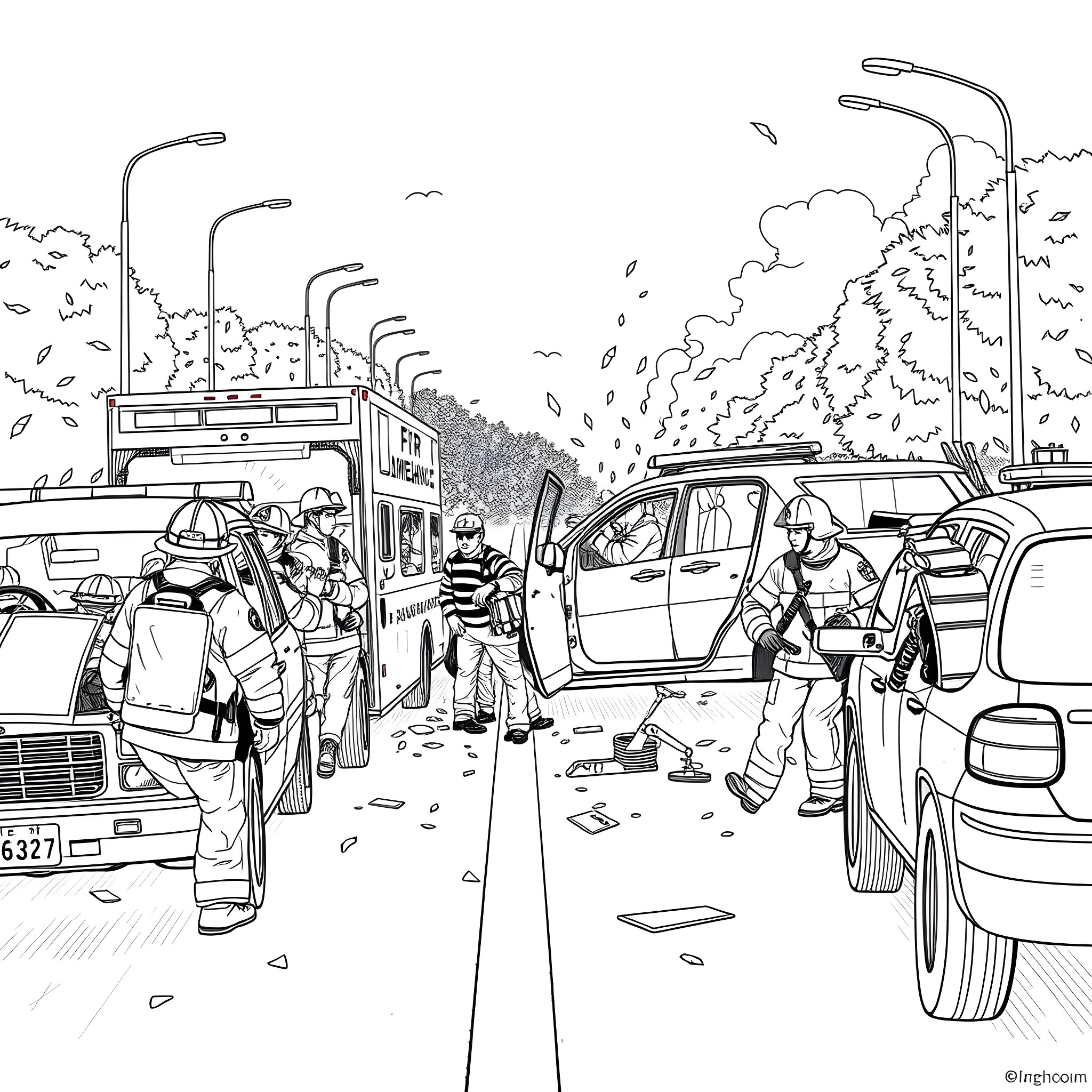 Car Accident Scene with Emergency Responders Coloring Page (free black-and-white line drawing printable PDF for all, from beginners to advanced learners, including children, teens, adults, and seniors)