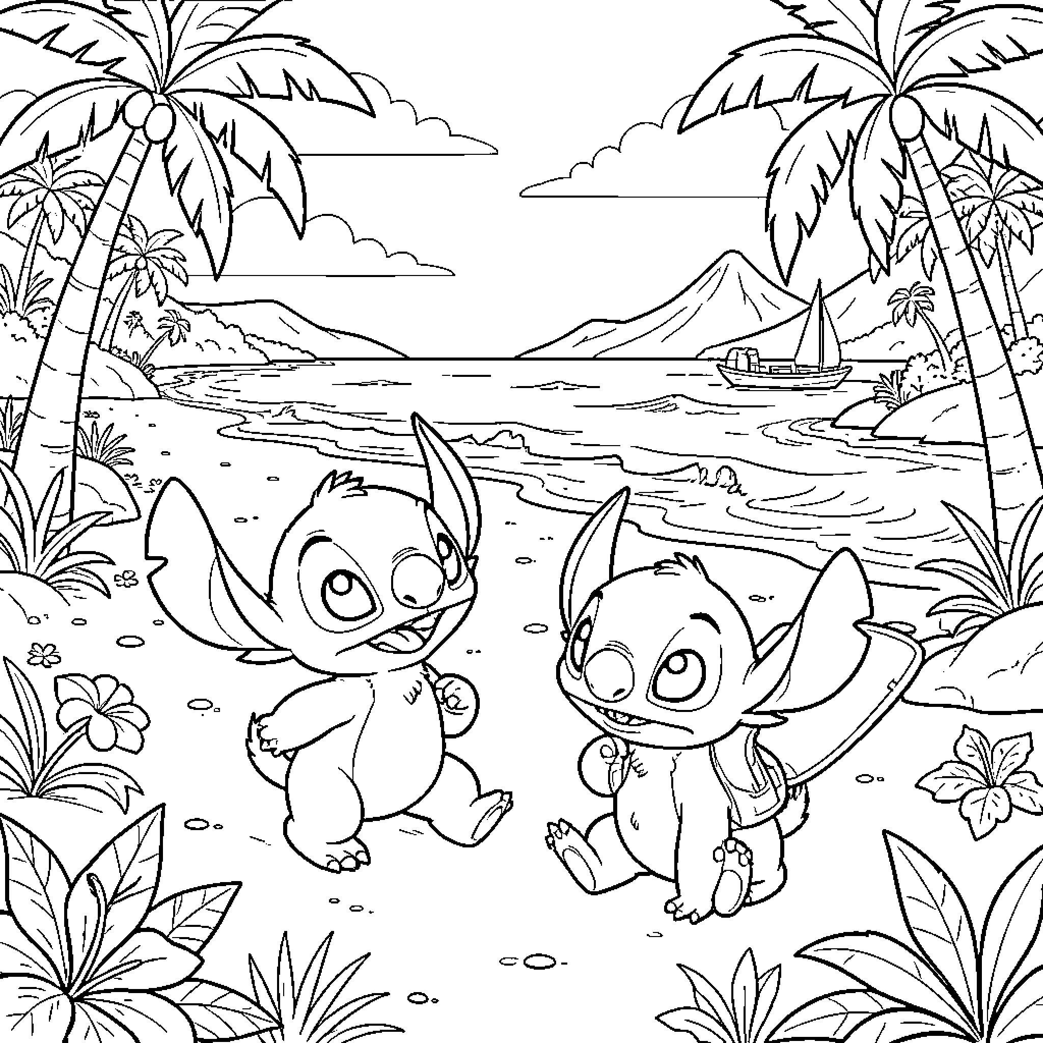 Lilo and Stitch characters playing joyfully on a tropical beach Coloring Page (free black-and-white line drawing printable PDF for all, from beginners to advanced learners, including children, teens, adults, and seniors)