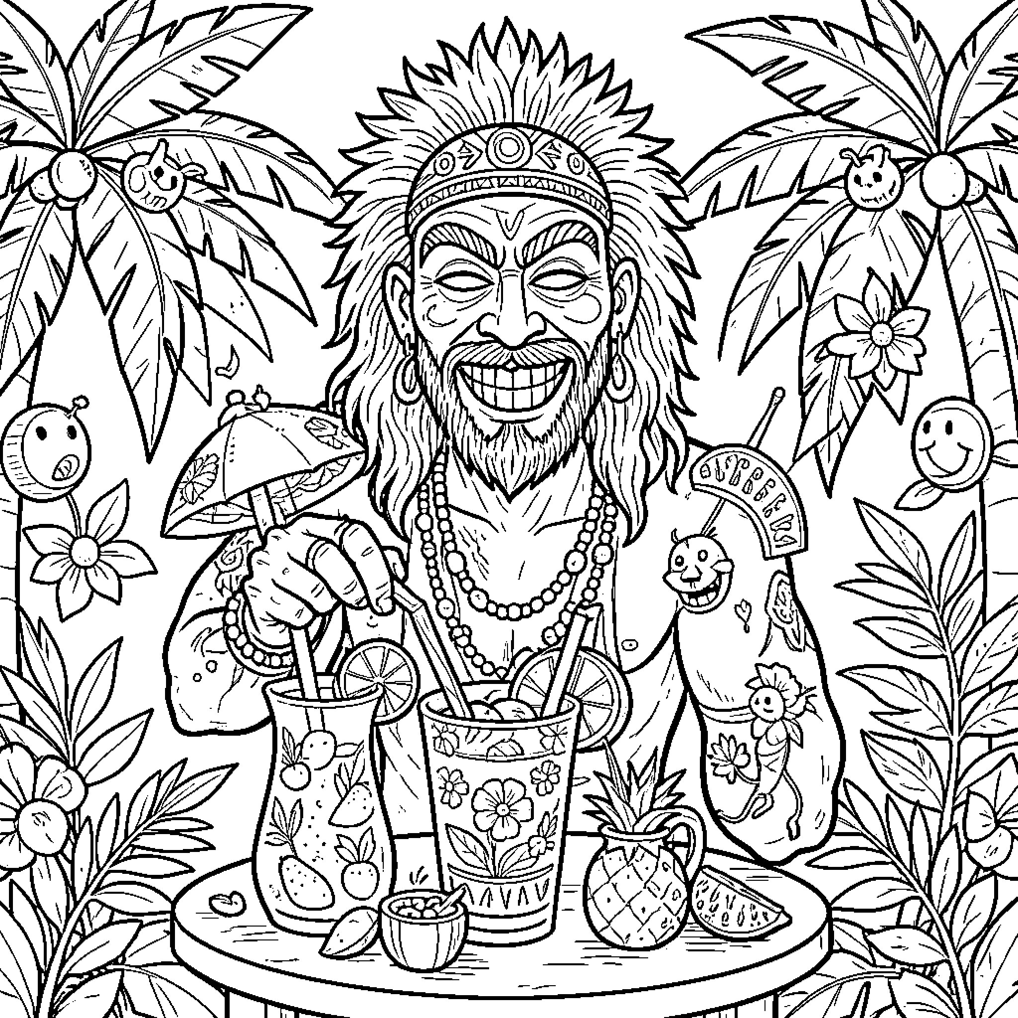 Barón Samedi enjoying tropical cocktails among lush foliage Coloring Page (free black-and-white line drawing printable PDF for all, from beginners to advanced learners, including children, teens, adults, and seniors)