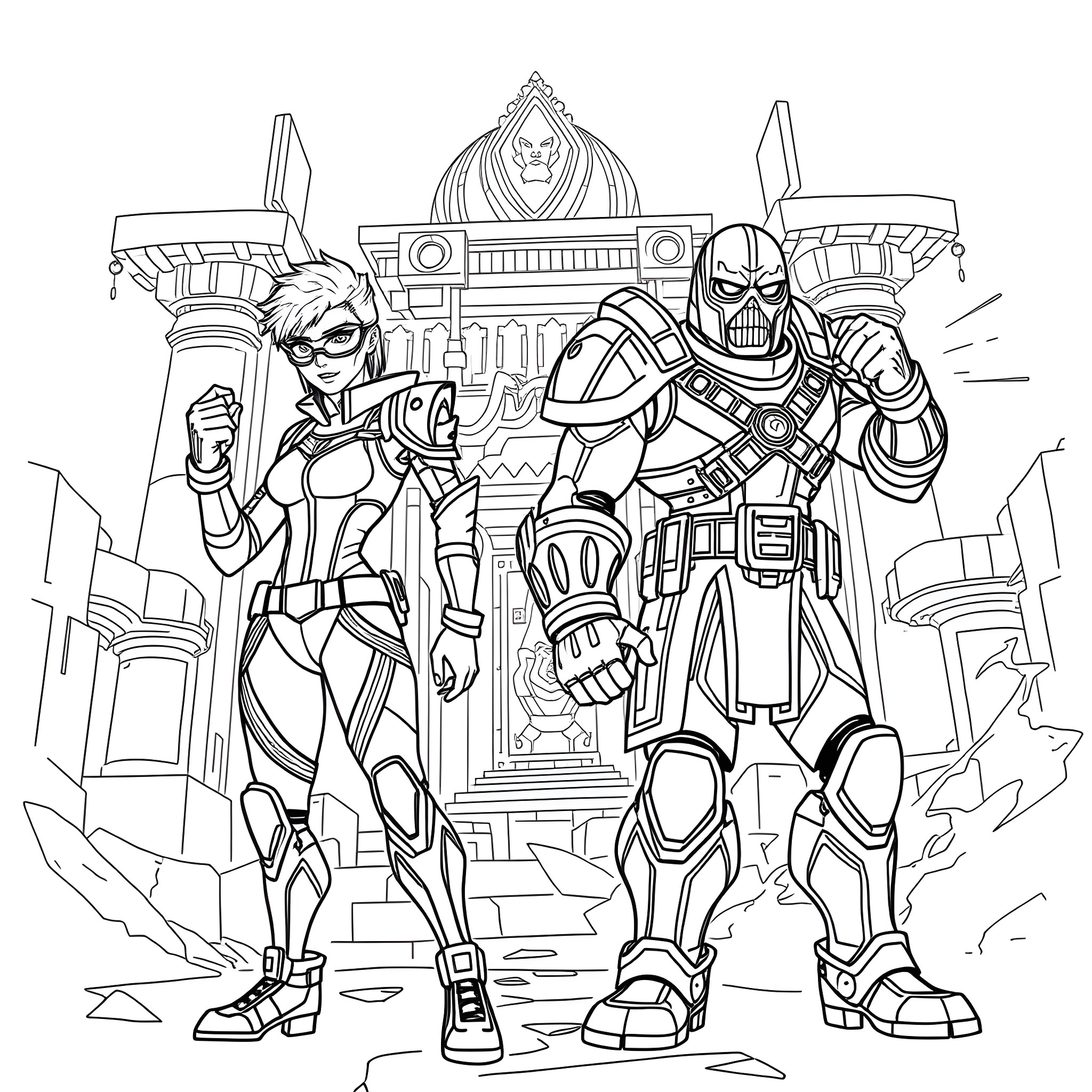 Overwatch heroes in battle-ready poses Coloring Page (free black-and-white line drawing printable PDF for all, from beginners to advanced learners, including children, teens, adults, and seniors)