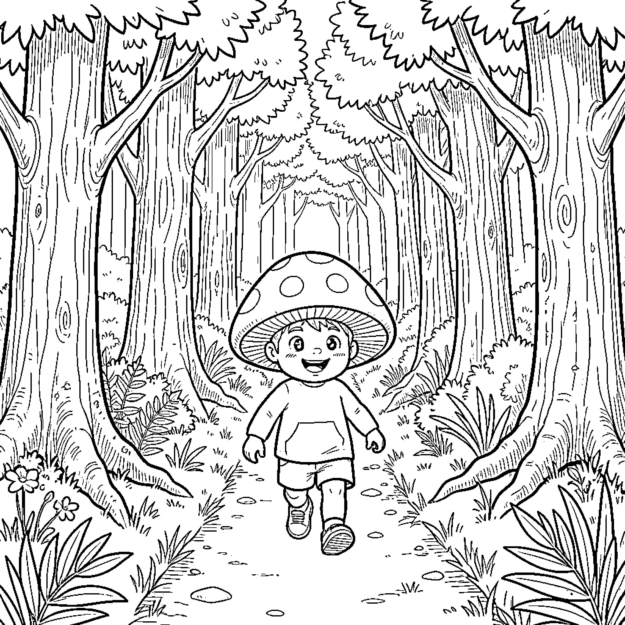 Mushroom Boy walking happily through a dense forest Coloring Page (free black-and-white line drawing printable PDF for all, from beginners to advanced learners, including children, teens, adults, and seniors)