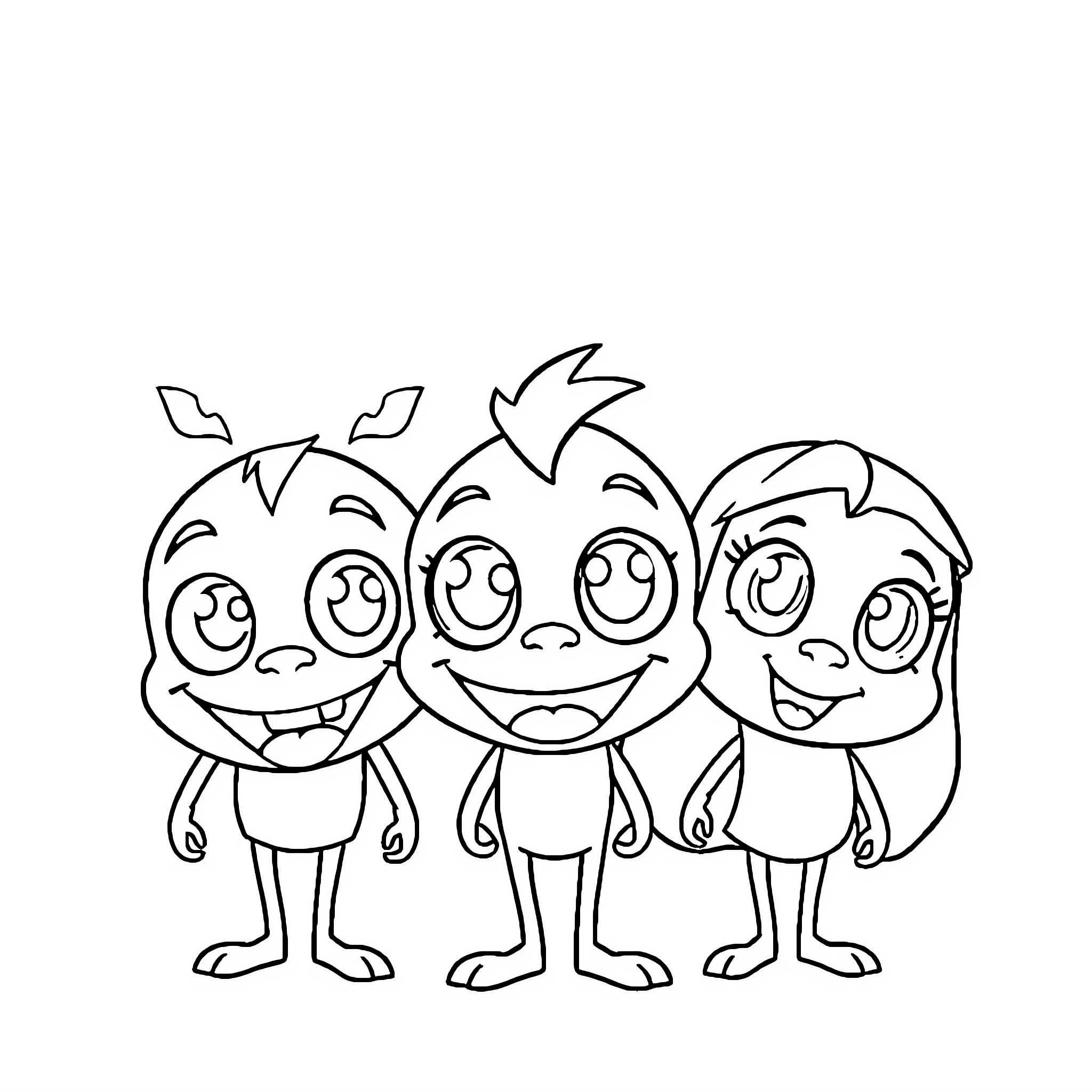 Cartoon Characters with Exaggerated Facial Expressions Coloring Page (free black-and-white line drawing printable PDF for all, from beginners to advanced learners, including children, teens, adults, and seniors)
