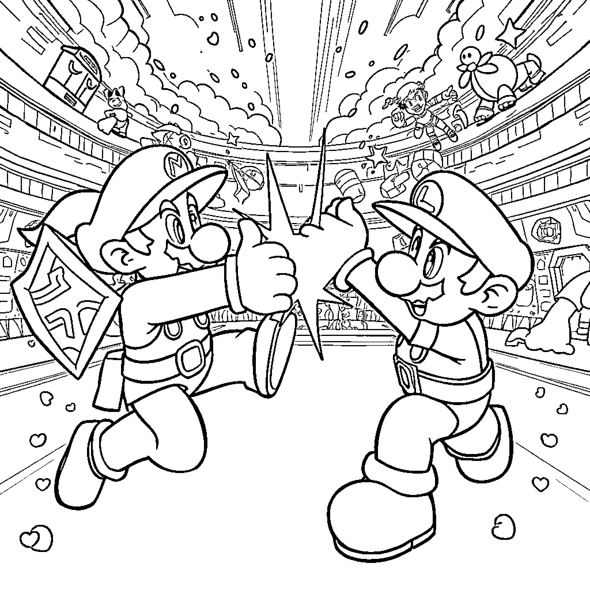 Mario and Luigi Engaged in Battle Coloring Page (free black-and-white line drawing printable PDF for all, from beginners to advanced learners, including children, teens, adults, and seniors)