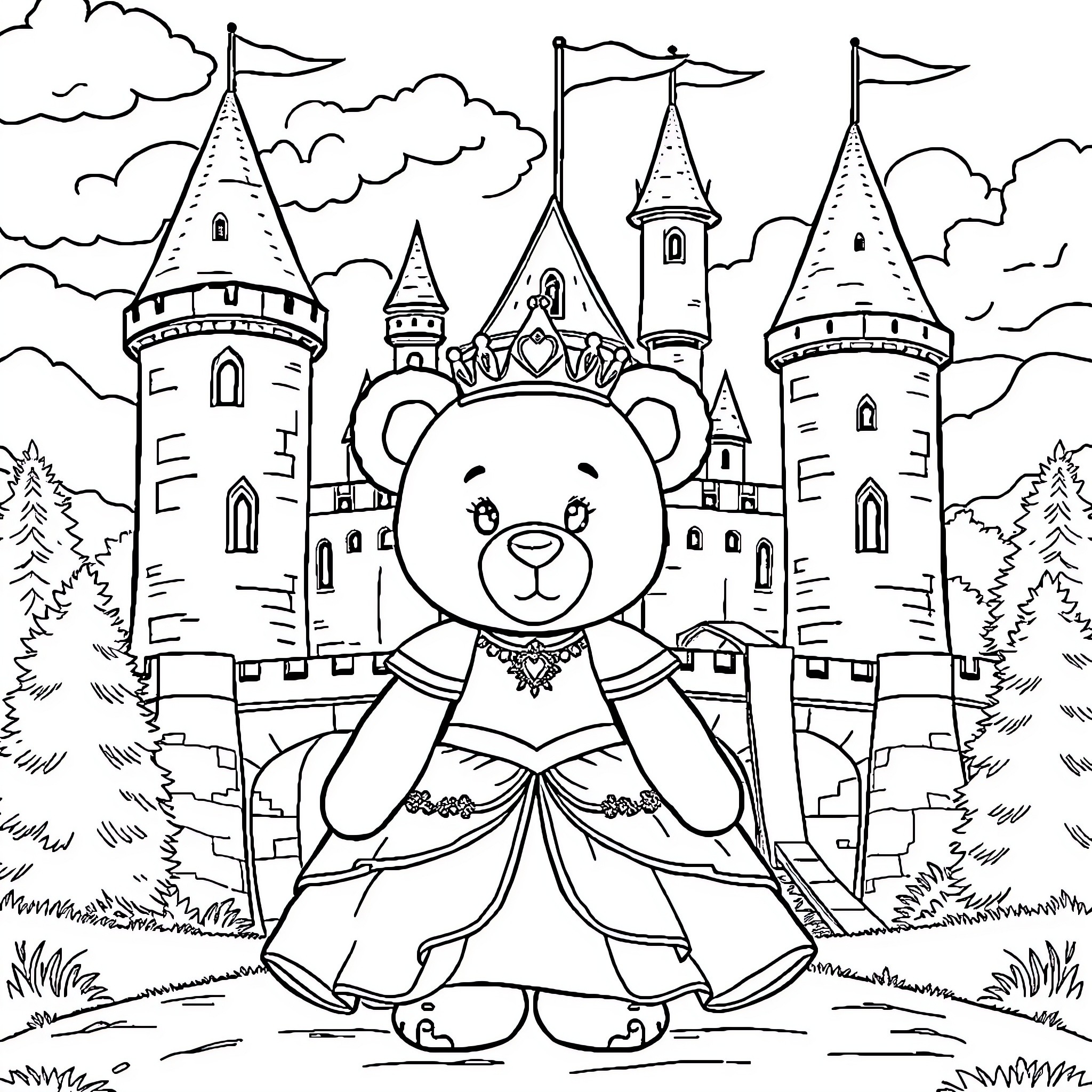 Teddy Bear in a Fairytale Castle Coloring Page (free black-and-white line drawing printable PDF for all, from beginners to advanced learners, including children, teens, adults, and seniors)
