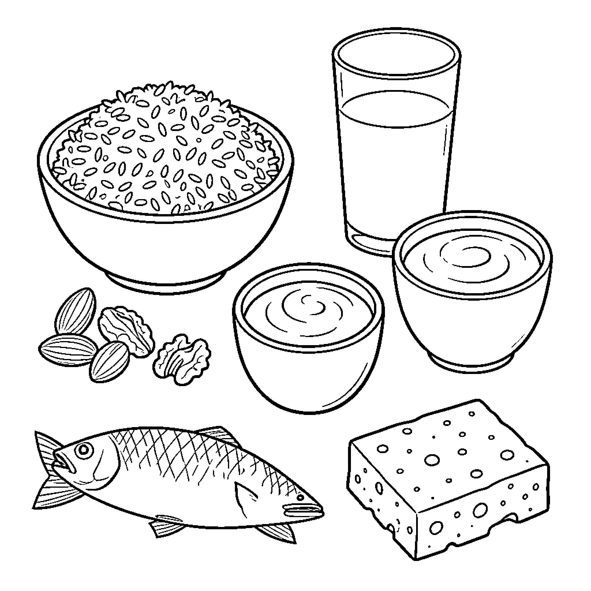 Food items arranged together for a balanced meal Coloring Page (free black-and-white line drawing printable PDF for all, from beginners to advanced learners, including children, teens, adults, and seniors)
