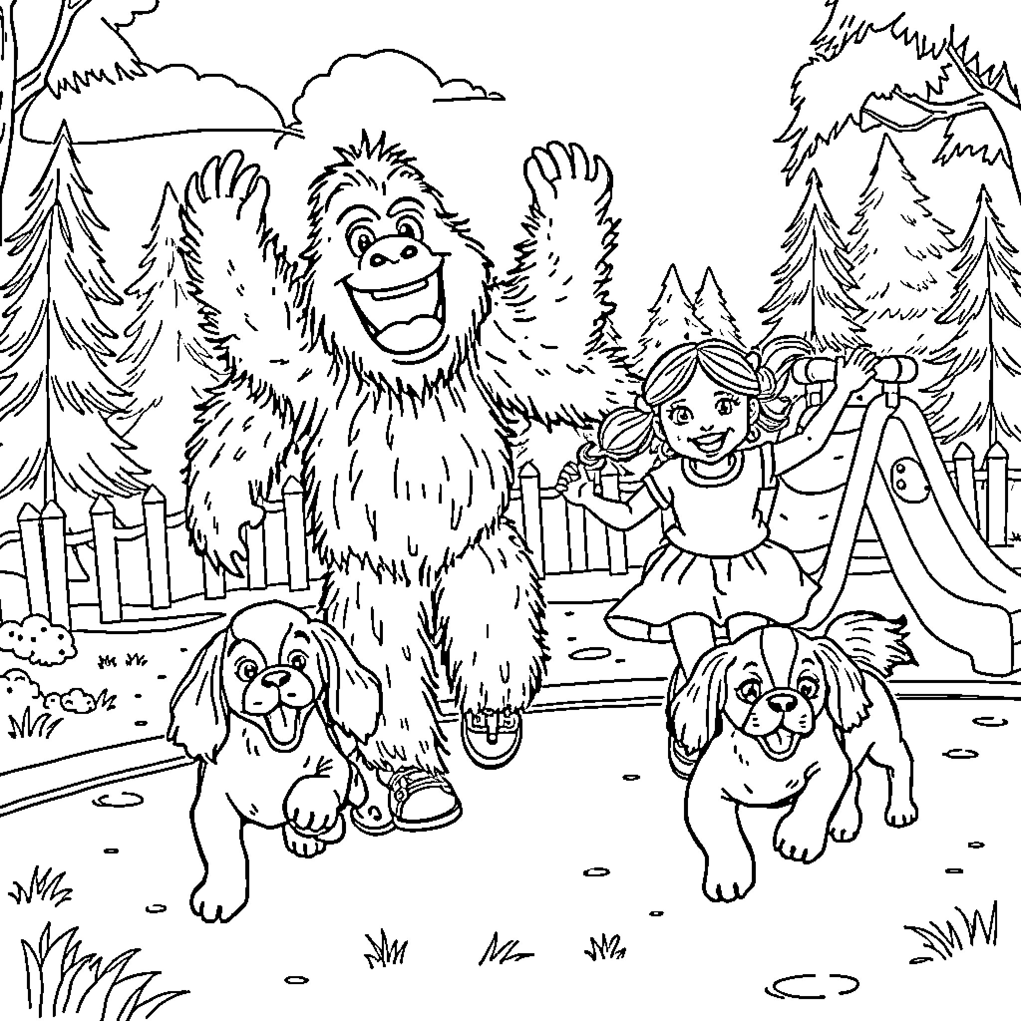 Sasquatch and Friends Enjoy Outdoor Adventure Coloring Page (free black-and-white line drawing printable PDF for all, from beginners to advanced learners, including children, teens, adults, and seniors)