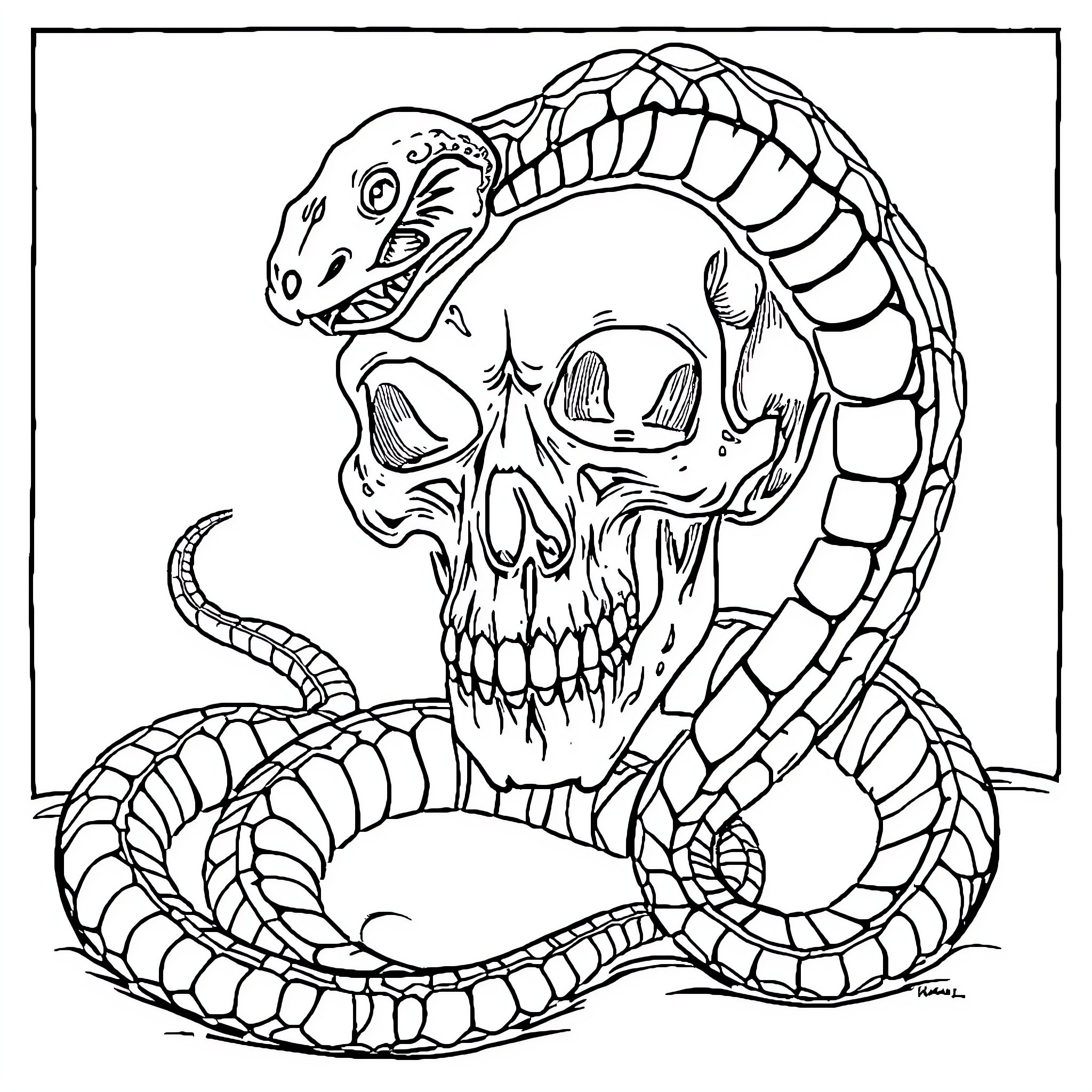 Snake coiled around a menacing skull Coloring Page (free black-and-white line drawing printable PDF for all, from beginners to advanced learners, including children, teens, adults, and seniors)