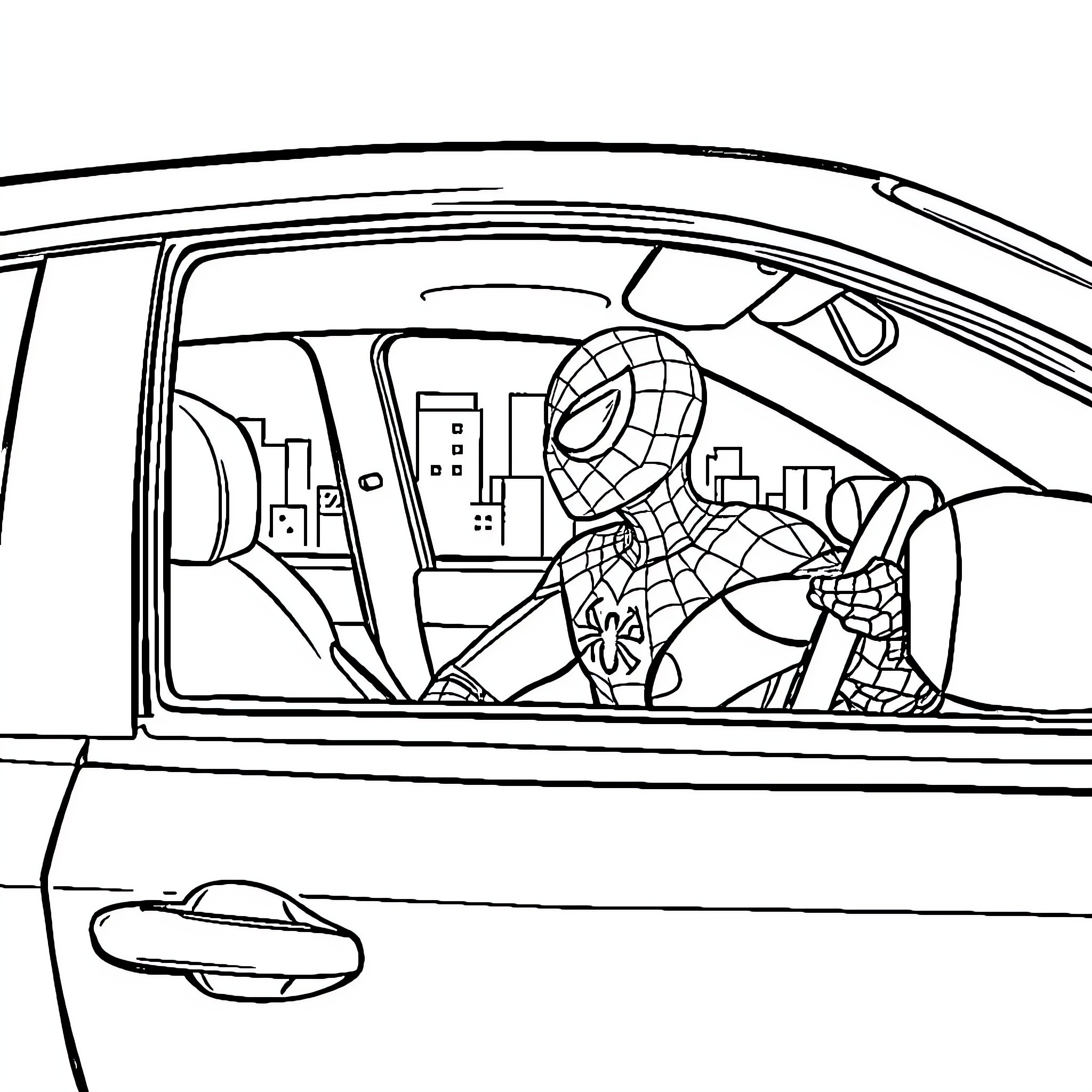 Spiderman driving a car through the city Coloring Page (free black-and-white line drawing printable PDF for all, from beginners to advanced learners, including children, teens, adults, and seniors)