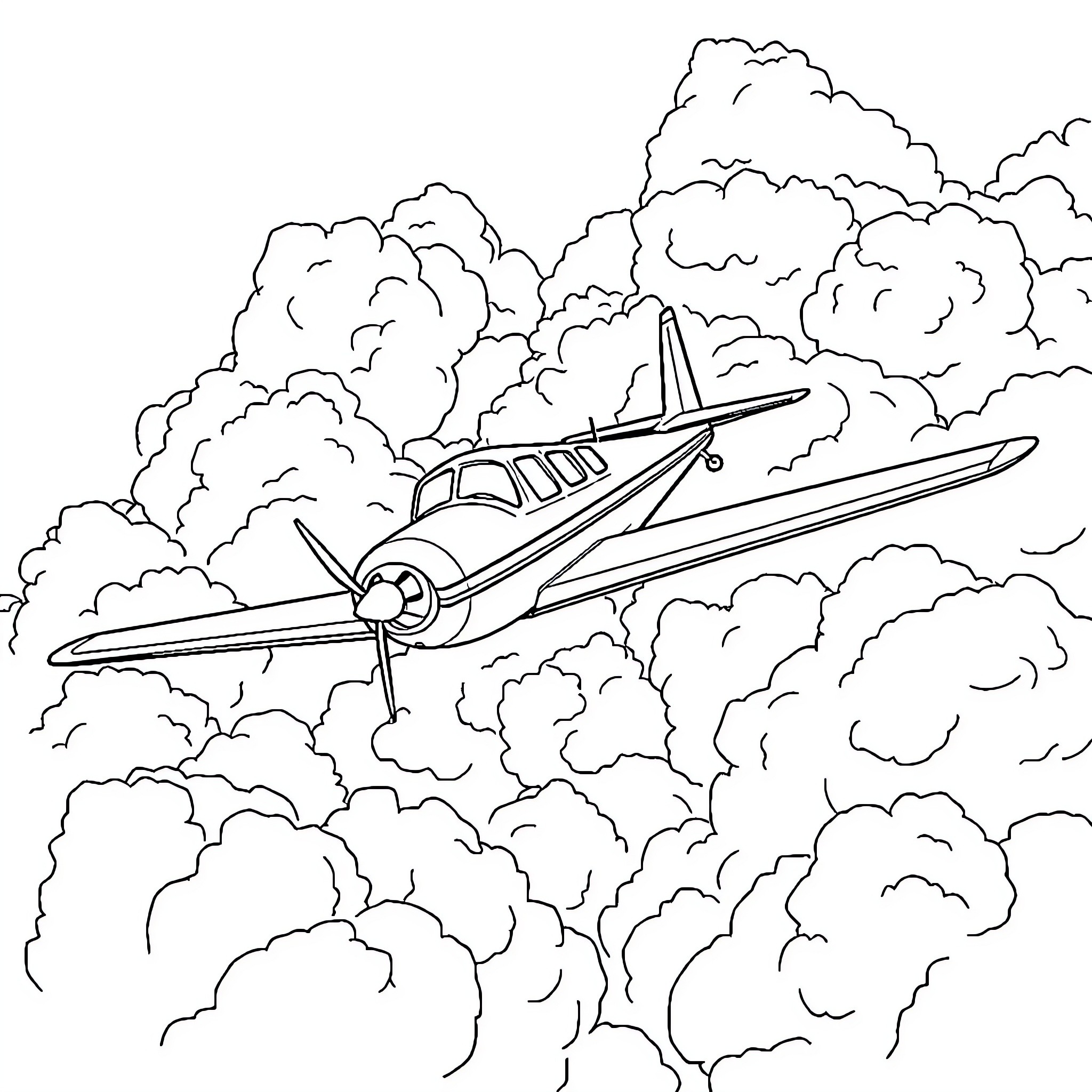 Beechcraft aircraft soaring through cloudy skies Coloring Page (free black-and-white line drawing printable PDF for all, from beginners to advanced learners, including children, teens, adults, and seniors)
