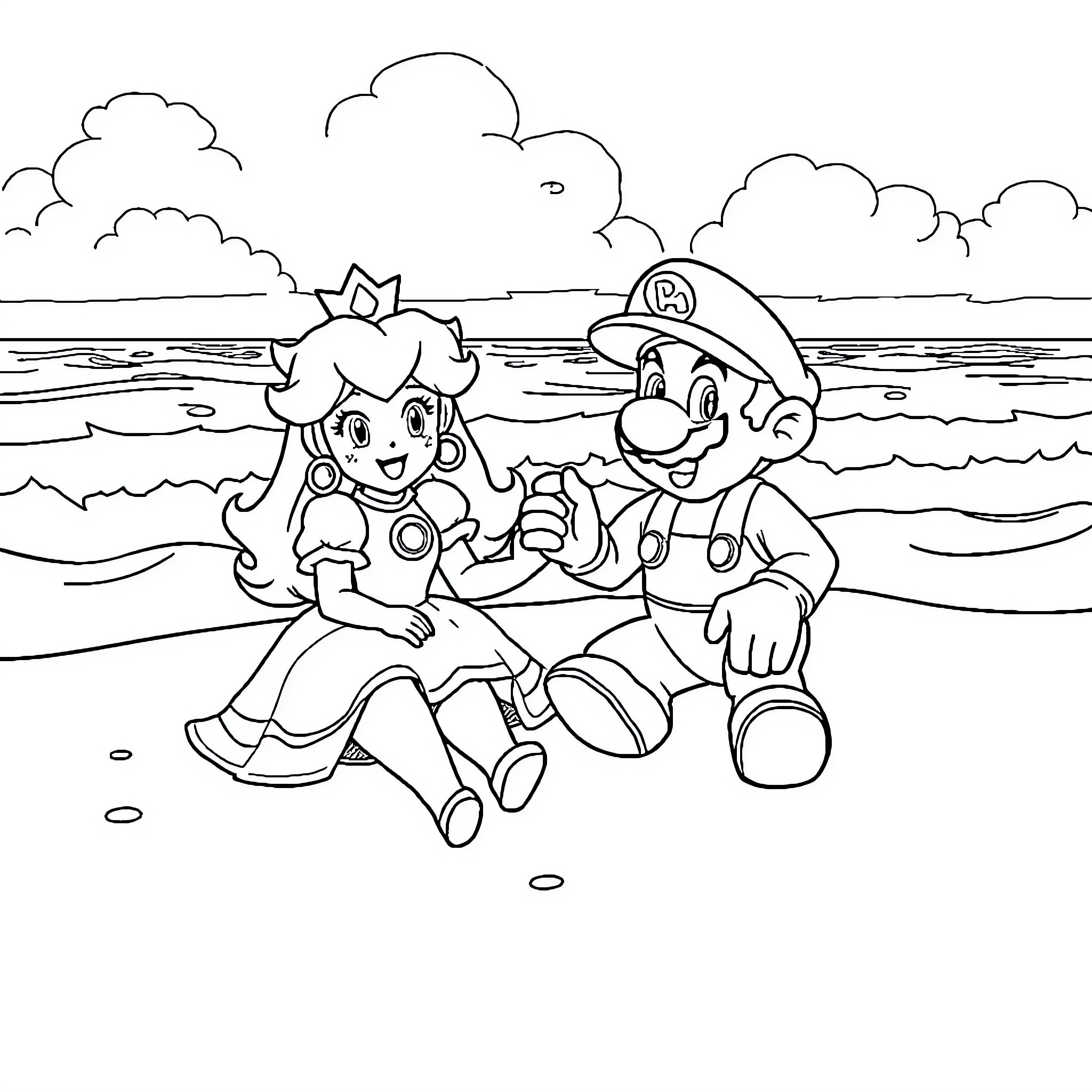 Princess Peach and Mario enjoying the beach Coloring Page (free black-and-white line drawing printable PDF for all, from beginners to advanced learners, including children, teens, adults, and seniors)